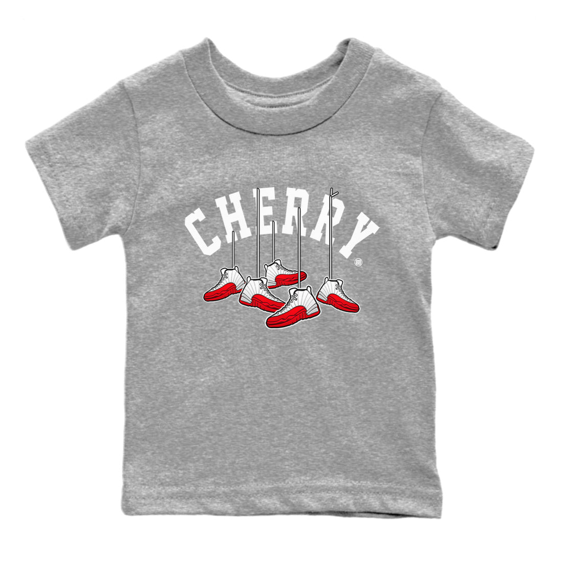 12s Cherry Sneaker Match Tees Cherry Hanging Sneakers Sneaker Tees Air Jordan 12 Cherry Sneaker Release Tees Kids Shirts Heather Grey 2