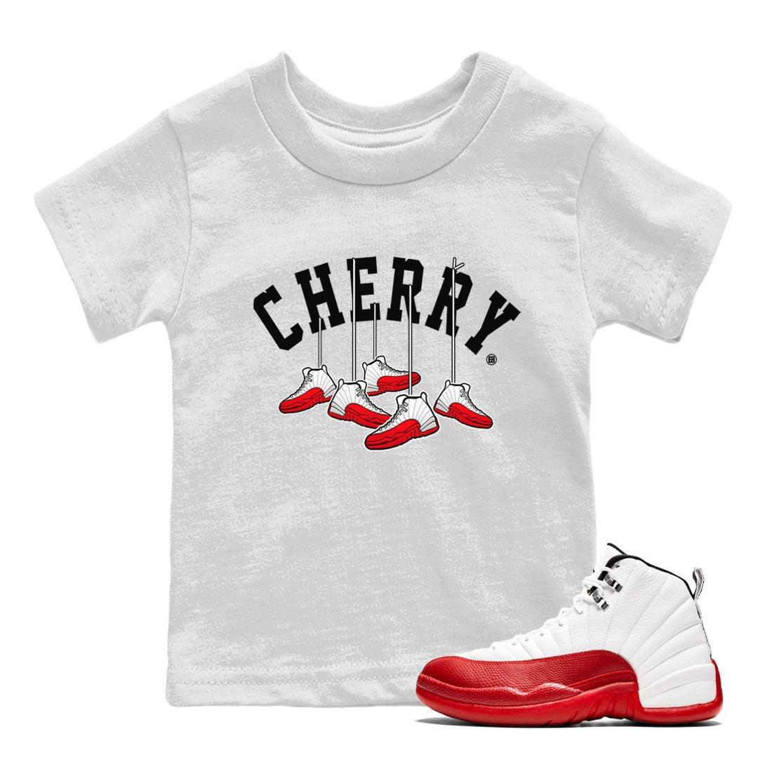 12s Cherry Sneaker Match Tees Cherry Hanging Sneakers Sneaker Tees Air Jordan 12 Cherry Sneaker Release Tees Kids Shirts White 1