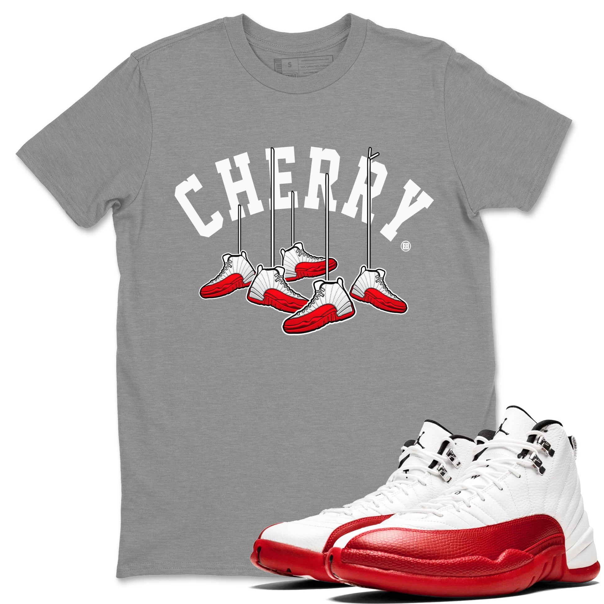 12s Cherry Sneaker Match Tees Cherry Hanging Sneakers Sneaker Tees Air Jordan 12 Cherry Sneaker Release Tees Unisex Shirts Heather Grey 1