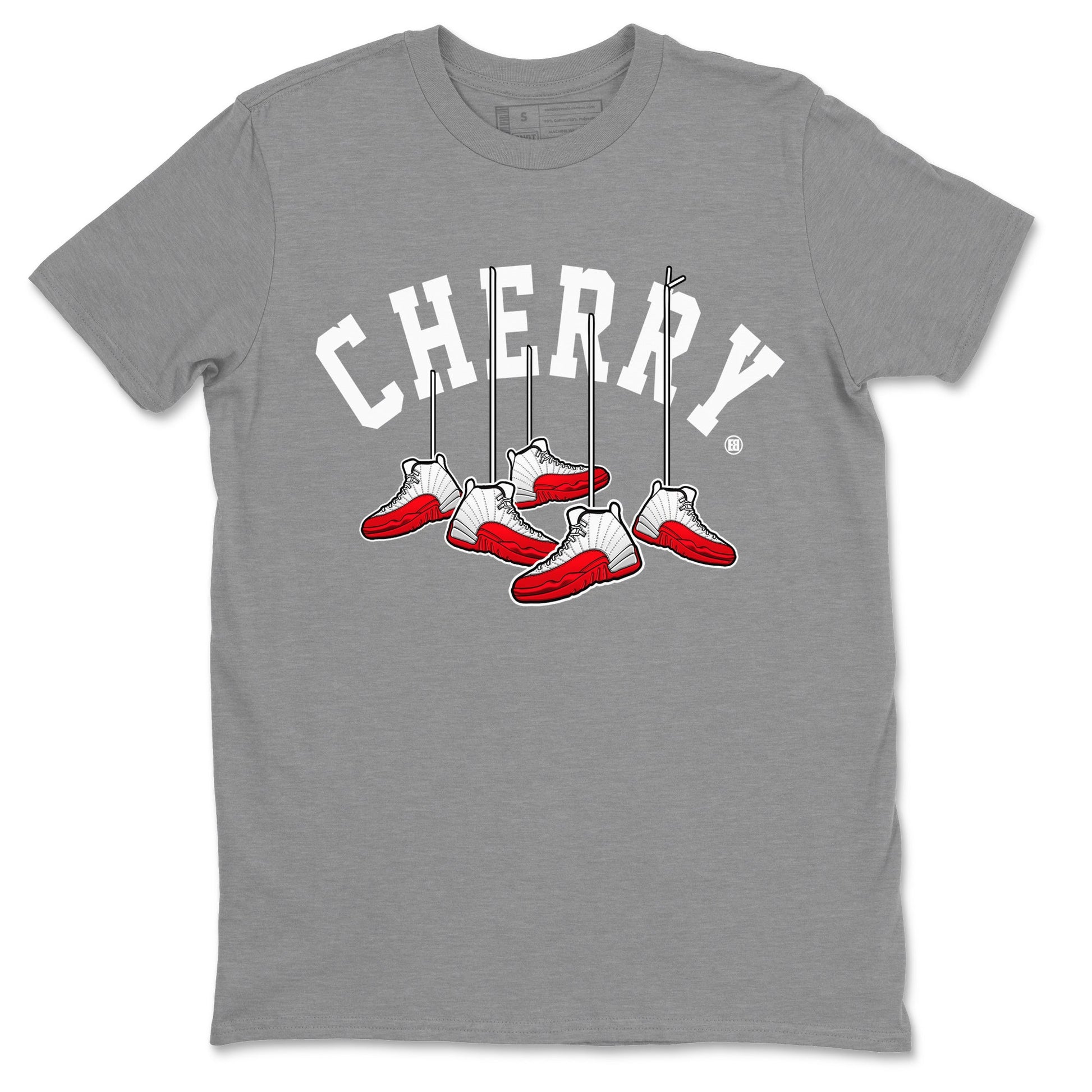 12s Cherry Sneaker Match Tees Cherry Hanging Sneakers Sneaker Tees Air Jordan 12 Cherry Sneaker Release Tees Unisex Shirts Heather Grey 2