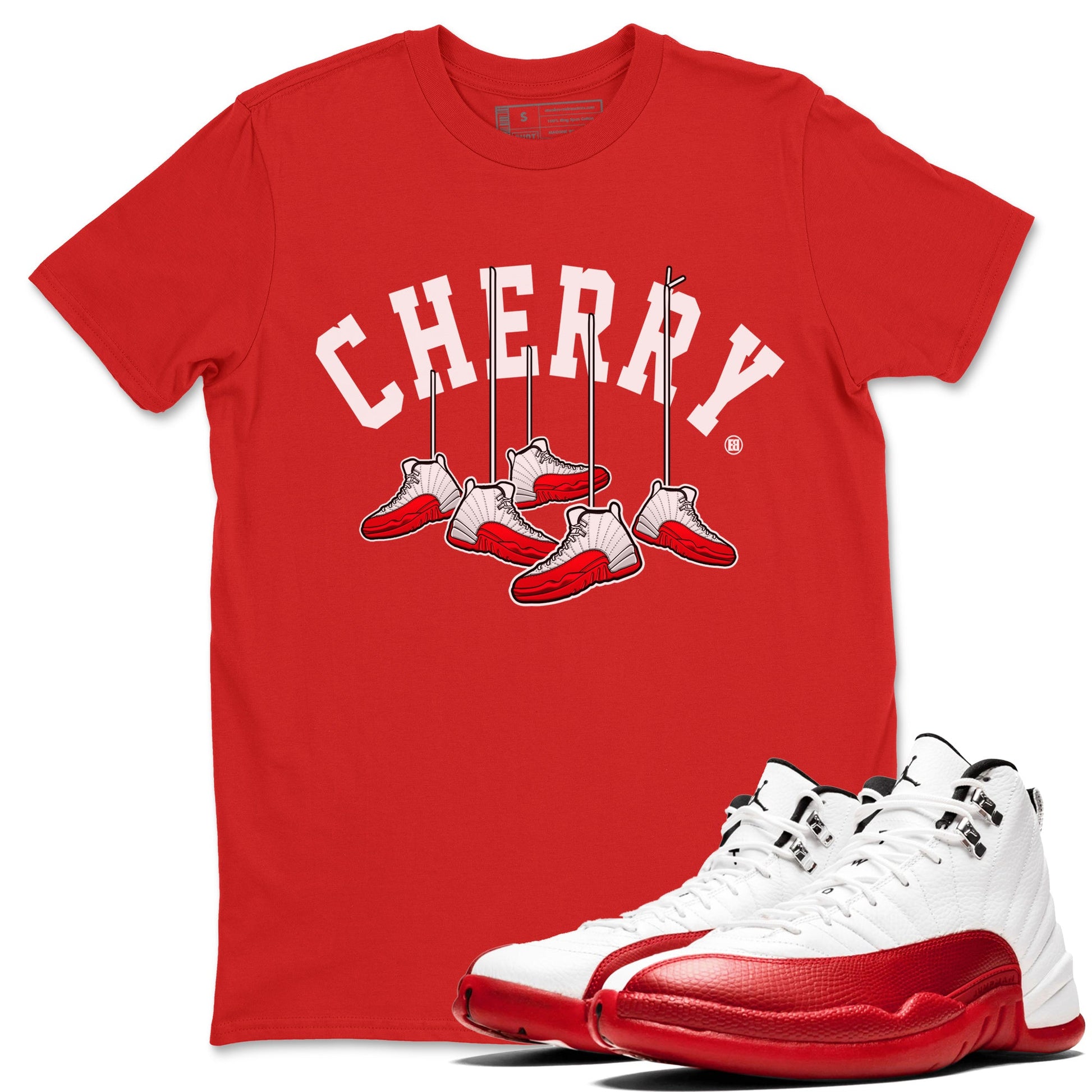 12s Cherry Sneaker Match Tees Cherry Hanging Sneakers Sneaker Tees Air Jordan 12 Cherry Sneaker Release Tees Unisex Shirts Red 1