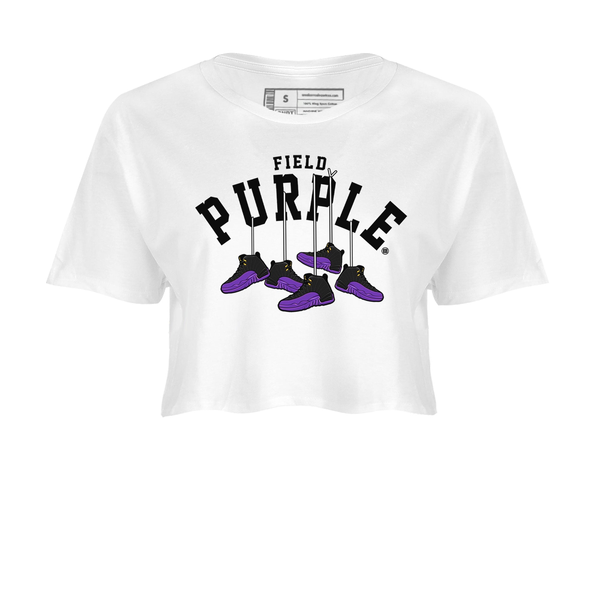 12s Field Purple shirt to match jordans Hanging Sneakers sneaker tees Air Jordan 12 Field Purple SNRT Sneaker Release Tees White 2 Crop T-Shirt