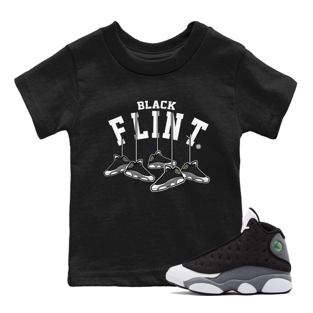 Air Jordan 13 Black Flint Sneaker Match Tees Hanging Sneakers Sneaker Tees Air Jordan 13 Retro Black Flint Sneaker Release Tees Kids Shirts Black 1