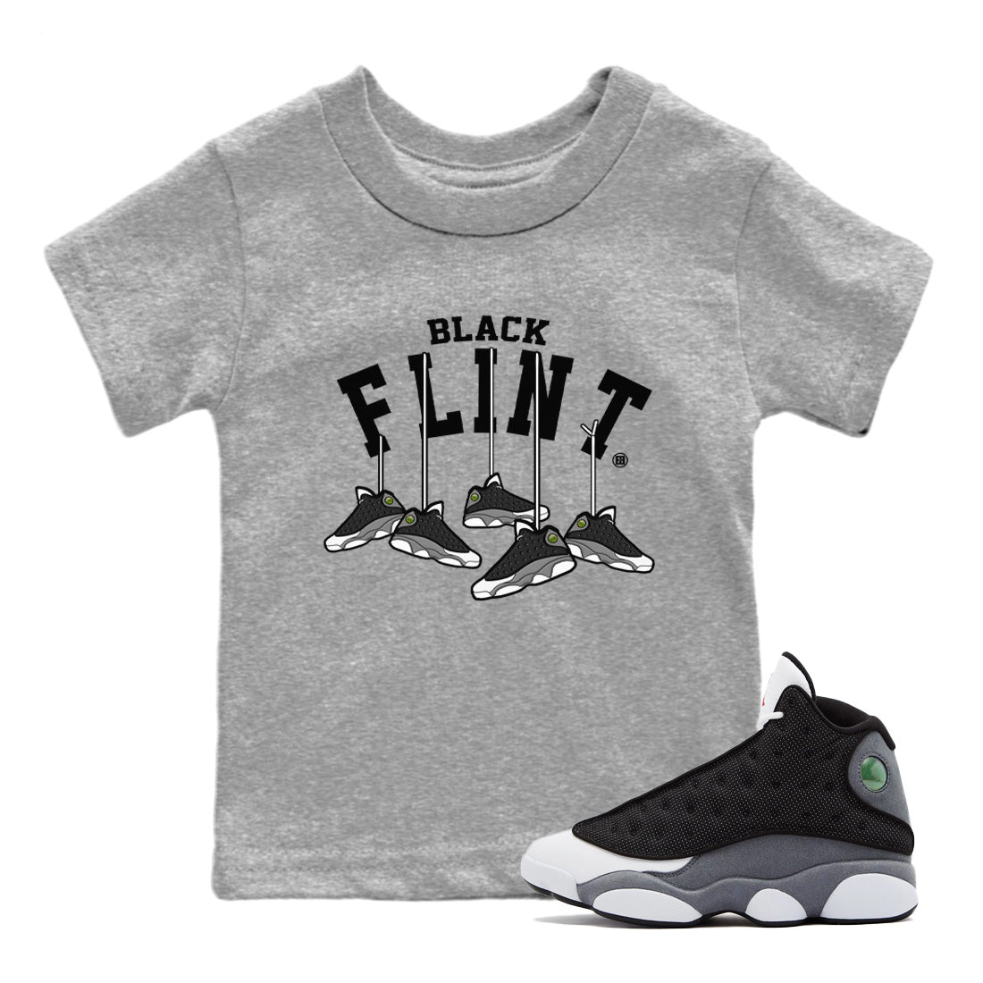 Air Jordan 13 Black Flint Sneaker Match Tees Hanging Sneakers Sneaker Tees Air Jordan 13 Retro Black Flint Sneaker Release Tees Kids Shirts Heather Grey 1