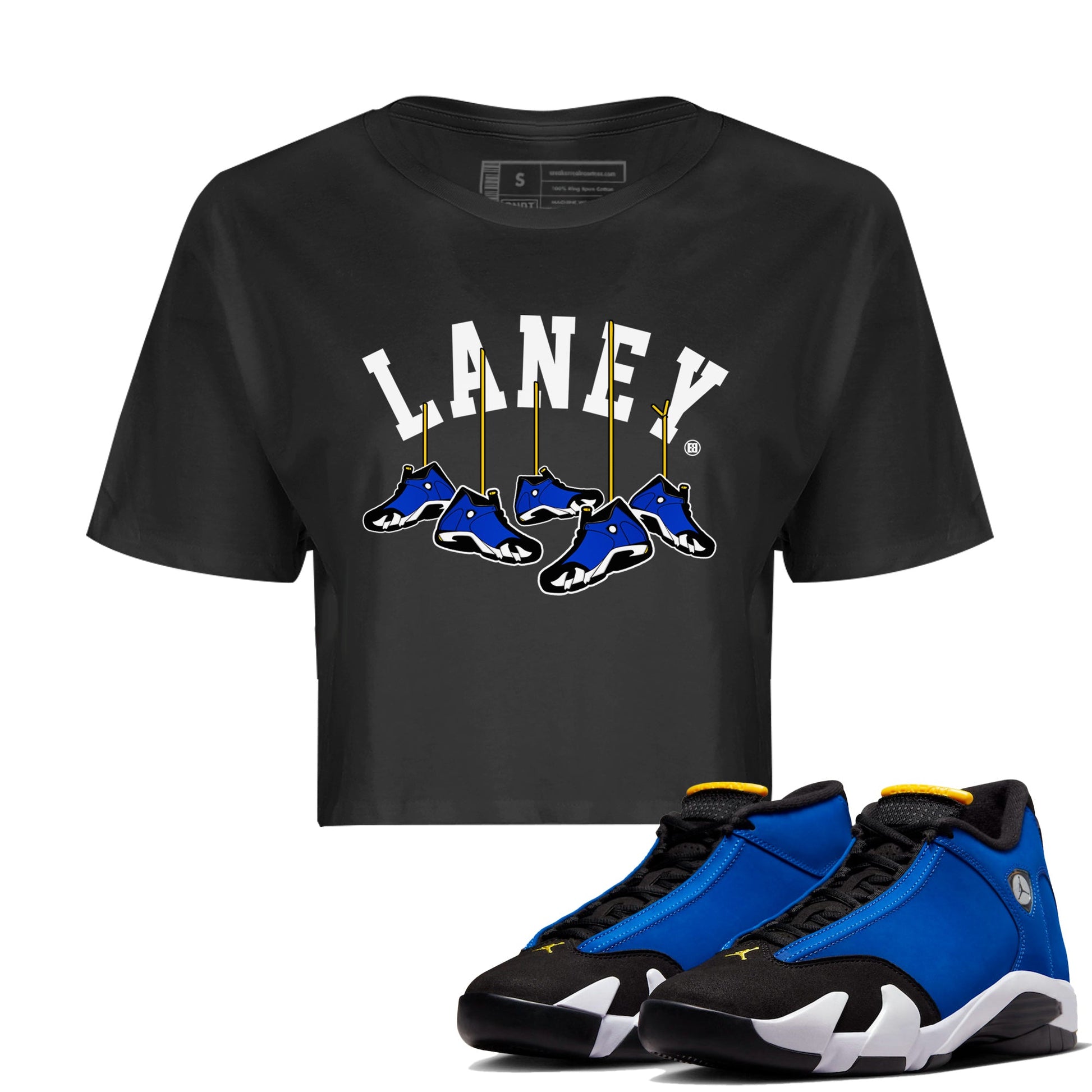Air Jordan 14 Laney Sneaker Match Tees Hanging Sneakers Sneaker Tees Jordan 14 Laney Sneaker Release Tees Women's Shirts Black 1