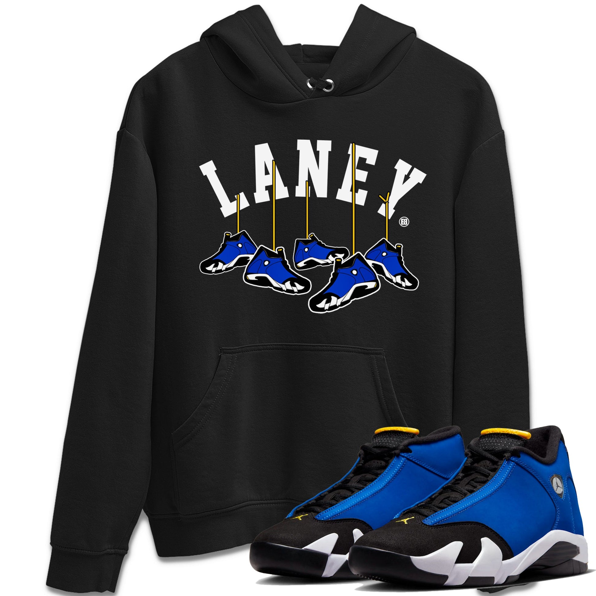 Air Jordan 14 Laney Sneaker Match Tees Hanging Sneakers Sneaker Tees Jordan 14 Laney Sneaker Release Tees Unisex Shirts Black 1