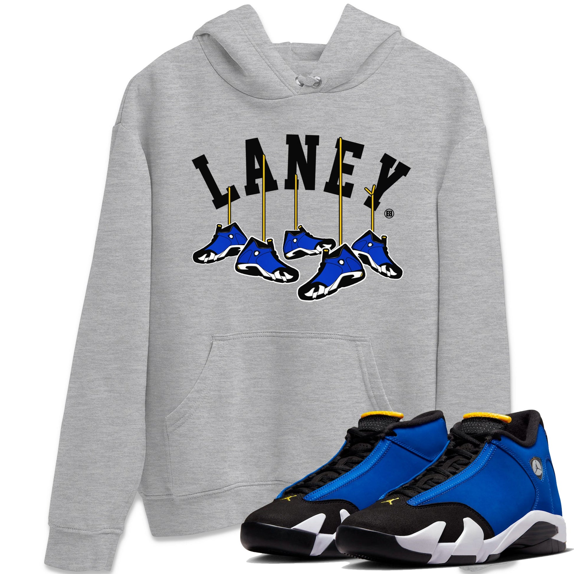Air Jordan 14 Laney Sneaker Match Tees Hanging Sneakers Sneaker Tees Jordan 14 Laney Sneaker Release Tees Unisex Shirts Heather Grey 1