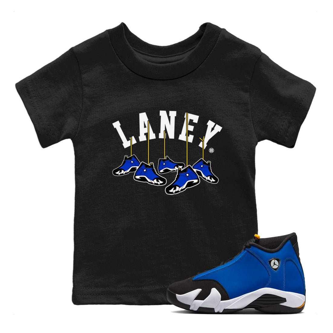 Air Jordan 14 Laney Sneaker Match Tees Hanging Sneakers Sneaker Tees Jordan 14 Laney Sneaker Release Tees Kids Shirts Black 1
