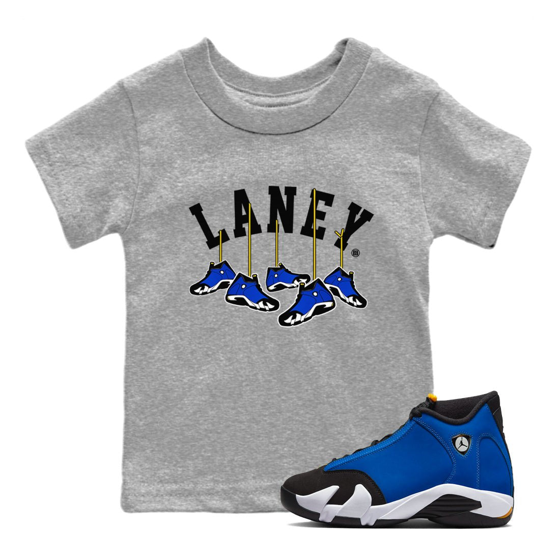 Air Jordan 14 Laney Sneaker Match Tees Hanging Sneakers Sneaker Tees Jordan 14 Laney Sneaker Release Tees Kids Shirts Heather Grey 1