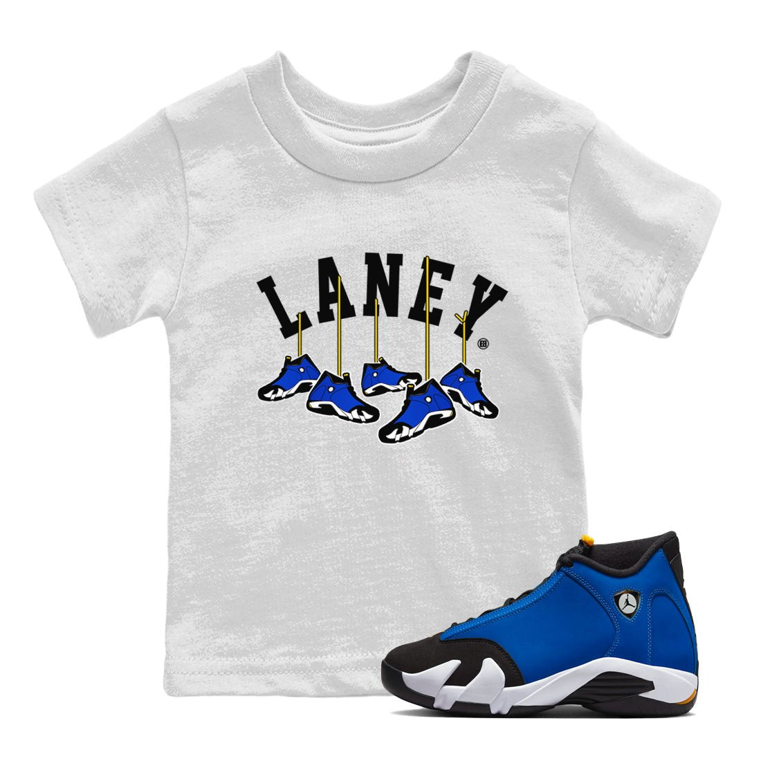 Air Jordan 14 Laney Sneaker Match Tees Hanging Sneakers Sneaker Tees Jordan 14 Laney Sneaker Release Tees Kids Shirts White 1