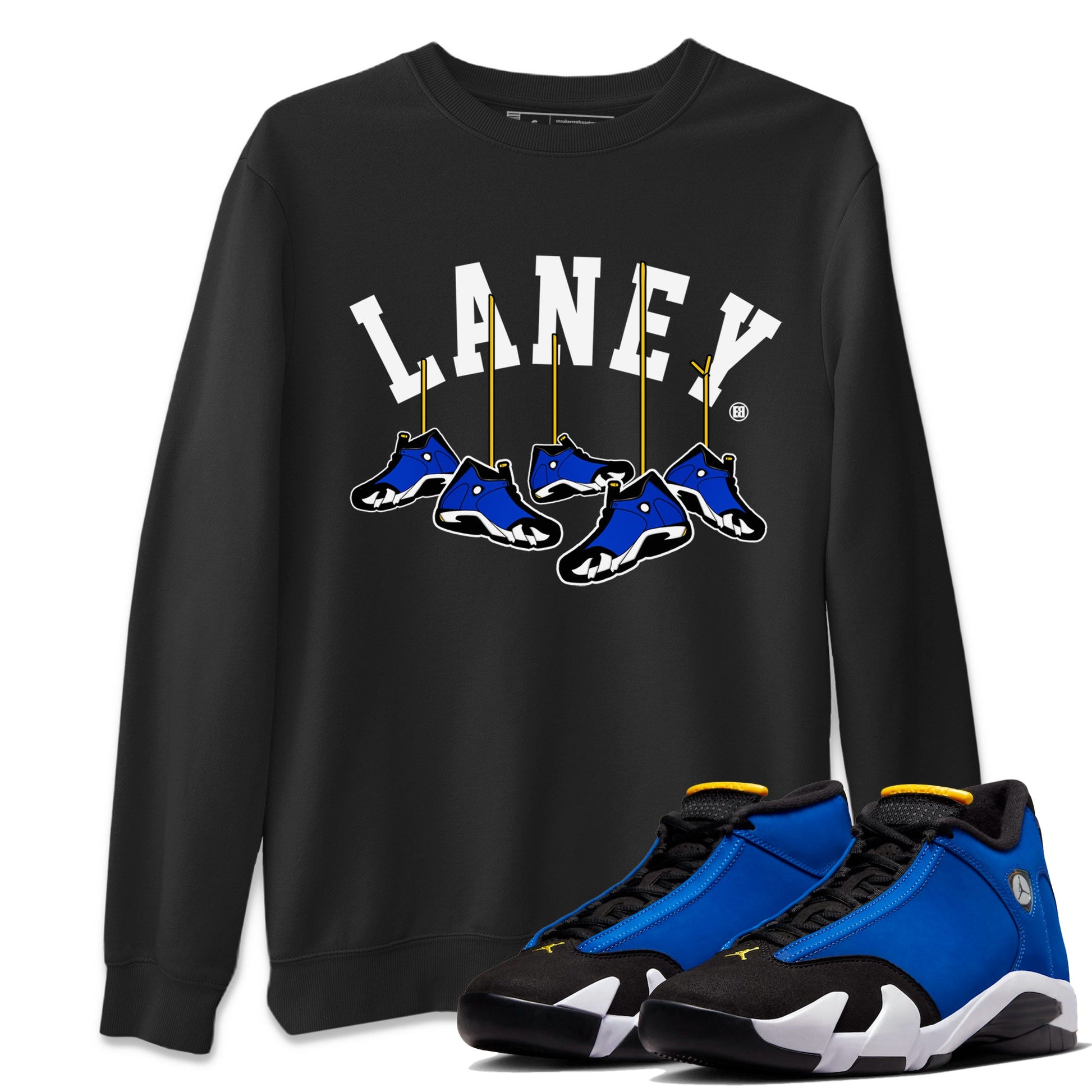 Air Jordan 14 Laney Sneaker Match Tees Hanging Sneakers Sneaker Tees Jordan 14 Laney Sneaker Release Tees Unisex Shirts Black 1