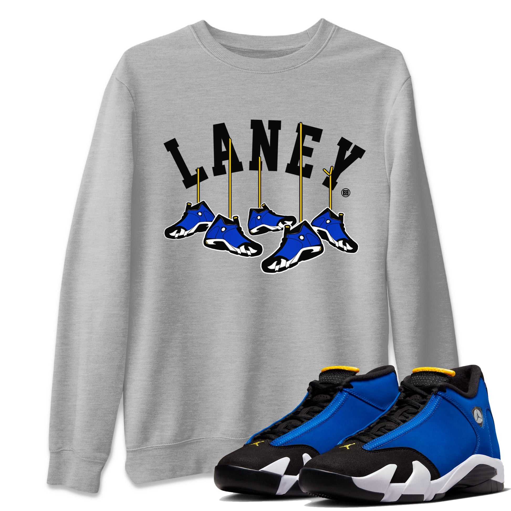 Air Jordan 14 Laney Sneaker Match Tees Hanging Sneakers Sneaker Tees Jordan 14 Laney Sneaker Release Tees Unisex Shirts Heather Grey 1