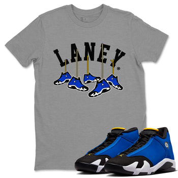 Air Jordan 14 Laney Sneaker Match Tees Hanging Sneakers Sneaker Tees Jordan 14 Laney Sneaker Release Tees Unisex Shirts Heather Grey 1