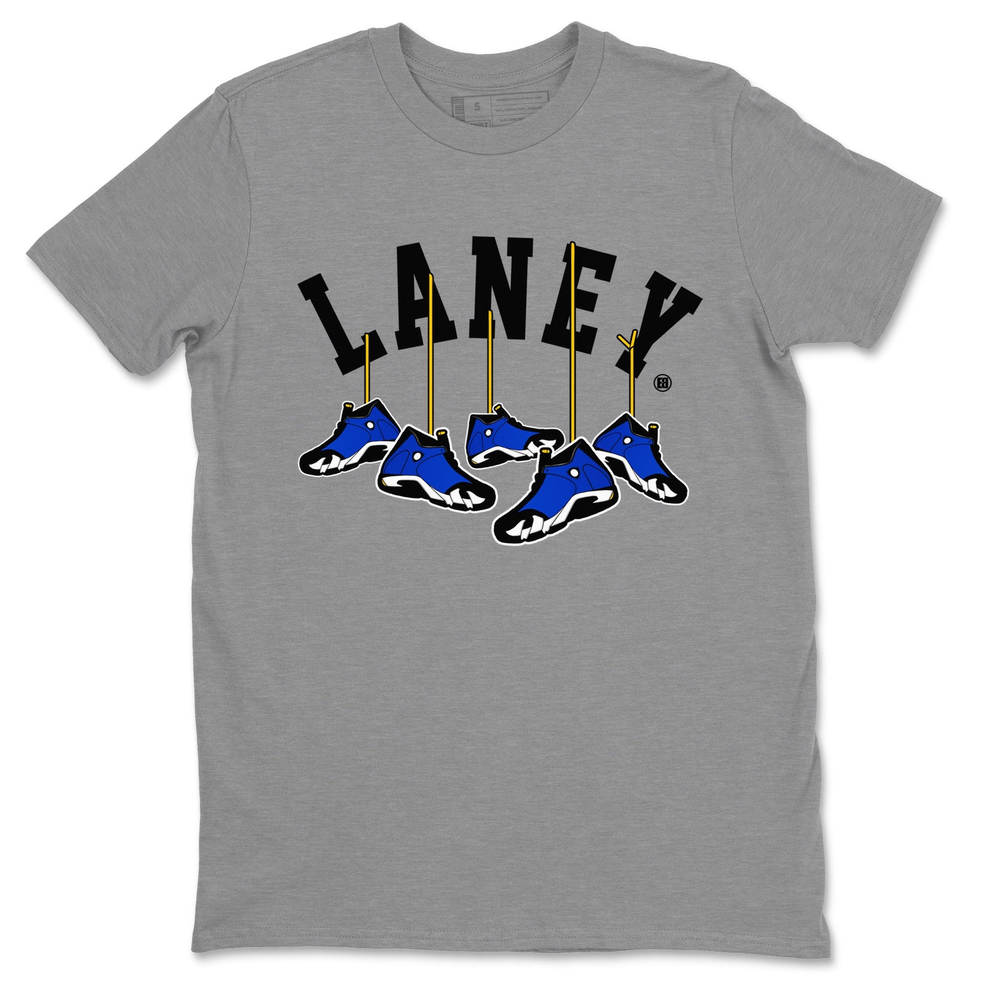 Air Jordan 14 Laney Sneaker Match Tees Hanging Sneakers Sneaker Tees Jordan 14 Laney Sneaker Release Tees Unisex Shirts Heather Grey 2