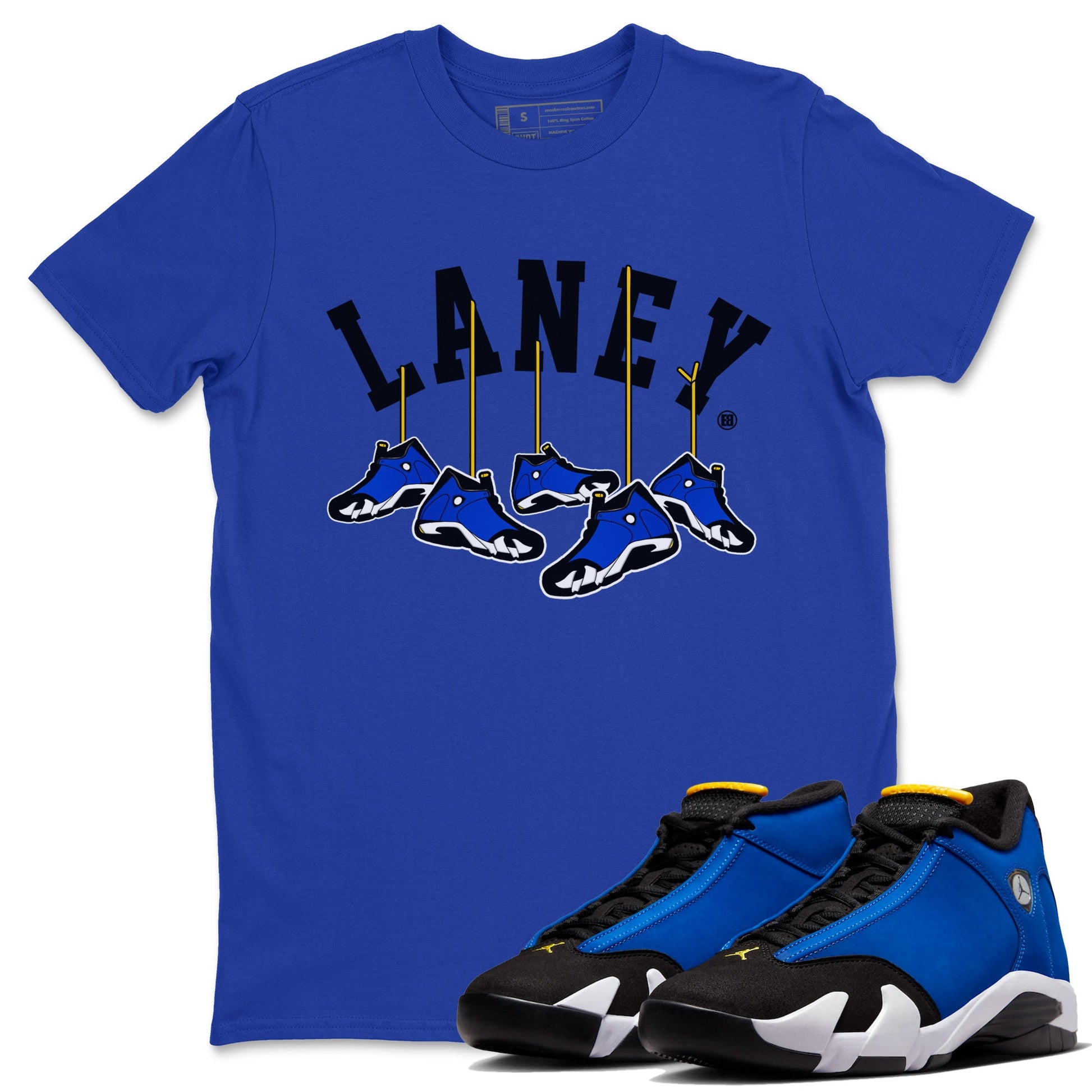 Air Jordan 14 Laney Sneaker Match Tees Hanging Sneakers Sneaker Tees Jordan 14 Laney Sneaker Release Tees Unisex Shirts Royal Blue 1