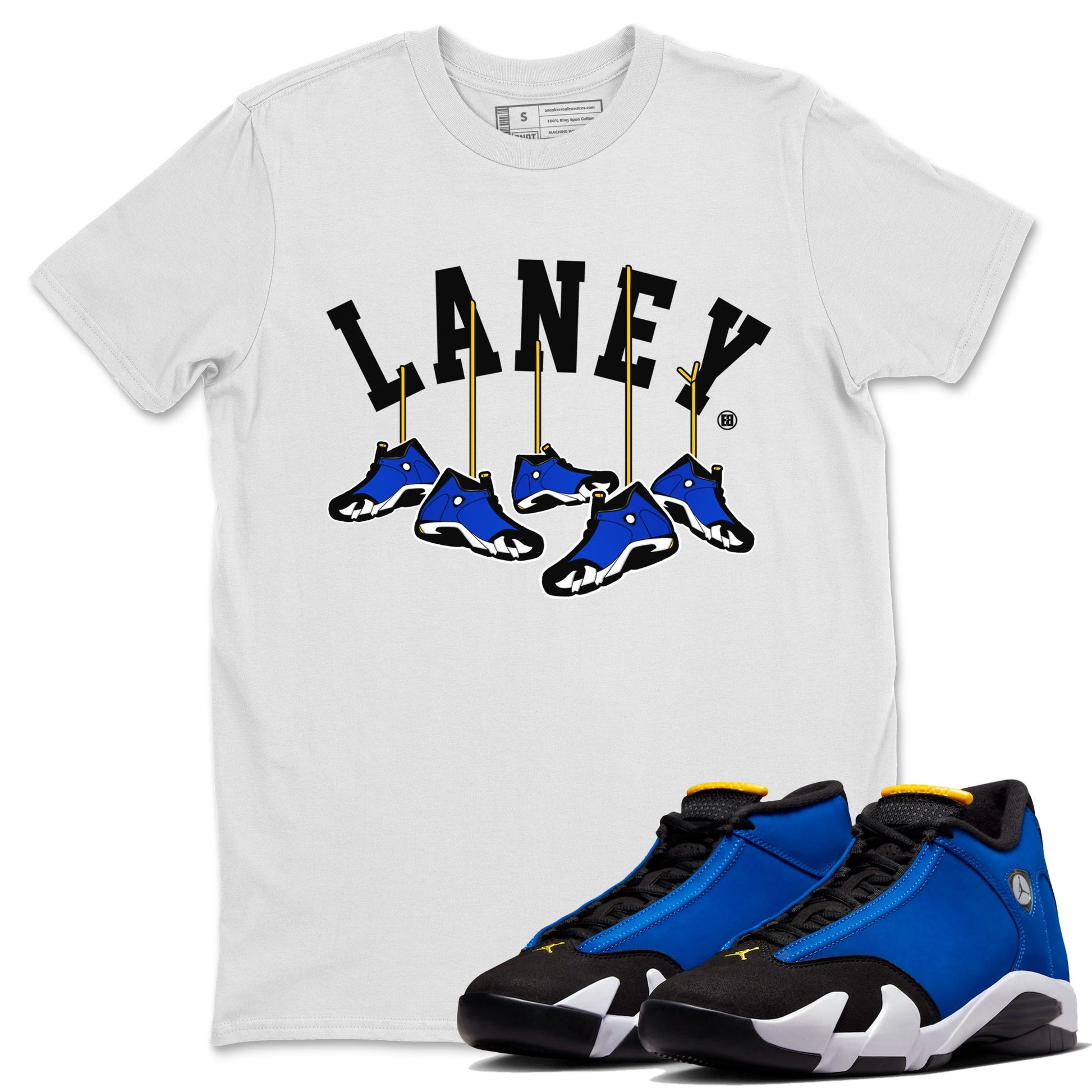 Air Jordan 14 Laney Sneaker Match Tees Hanging Sneakers Sneaker Tees Jordan 14 Laney Sneaker Release Tees Unisex Shirts White 1