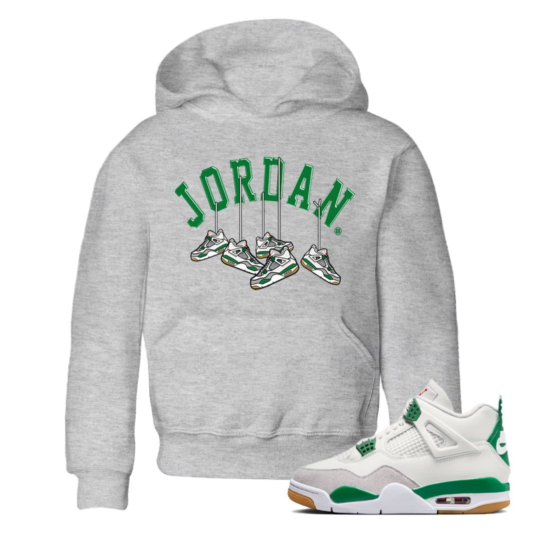 Air Jordan 4 Pine Green Sneaker Match Tees Hanging Sneakers Sneaker Tees Jordan Retro 4 Pine Green Sneaker Release Tees Kids Shirts Heather Grey 1