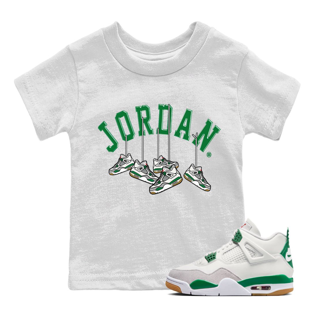 Jordan 4 Pine Green SB Sneaker Match Tees Hanging Sneakers Sneaker Tees Jordan Retro 4 Pine Green Sneaker Tees Sneaker Release Shirts Kids Shirts White 1