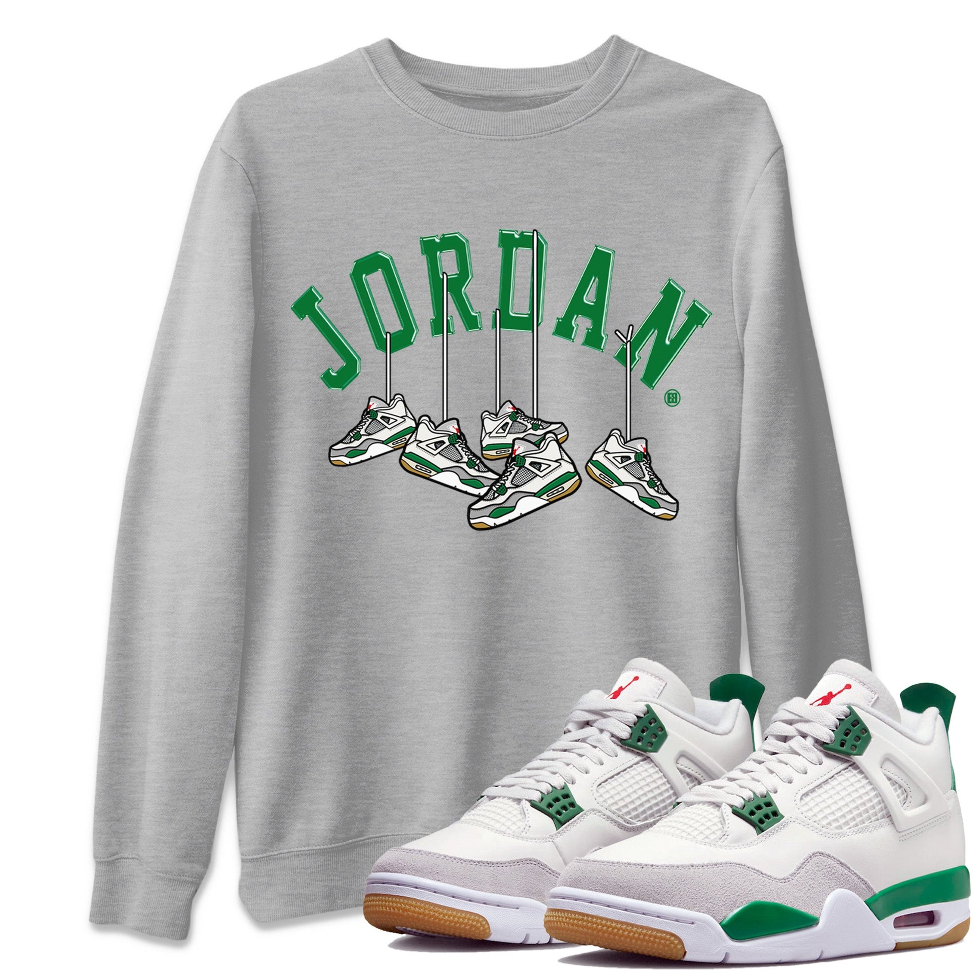 Air Jordan 4 Pine Green Sneaker Match Tees Hanging Sneakers Sneaker Tees Jordan Retro 4 Pine Green Sneaker Release Tees Unisex Shirts Heather Grey 1