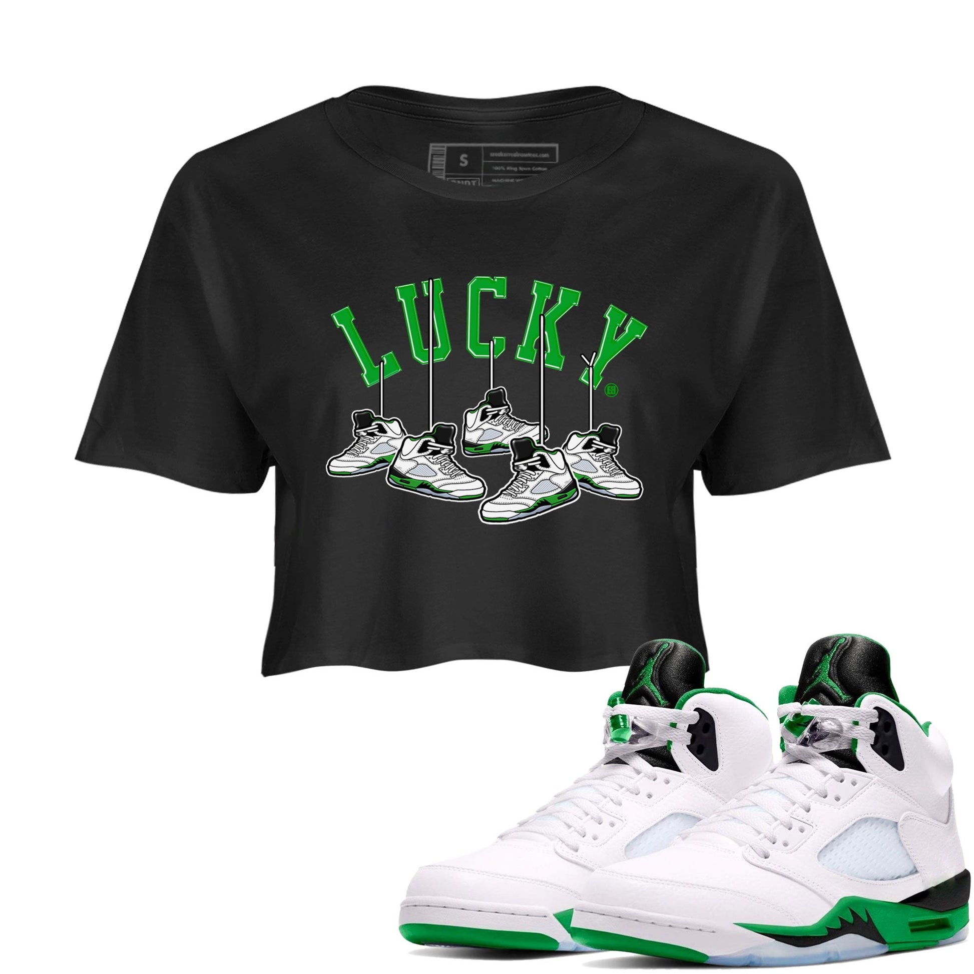 AJ5 Retro Lucky Green shirt to match jordans Hanging Sneakers sneaker tees Air Jordan 5 Retro Lucky Green SNRT Sneaker Tees Casual Crew Neck T-Shirt Black 1 Crop T-Shirt