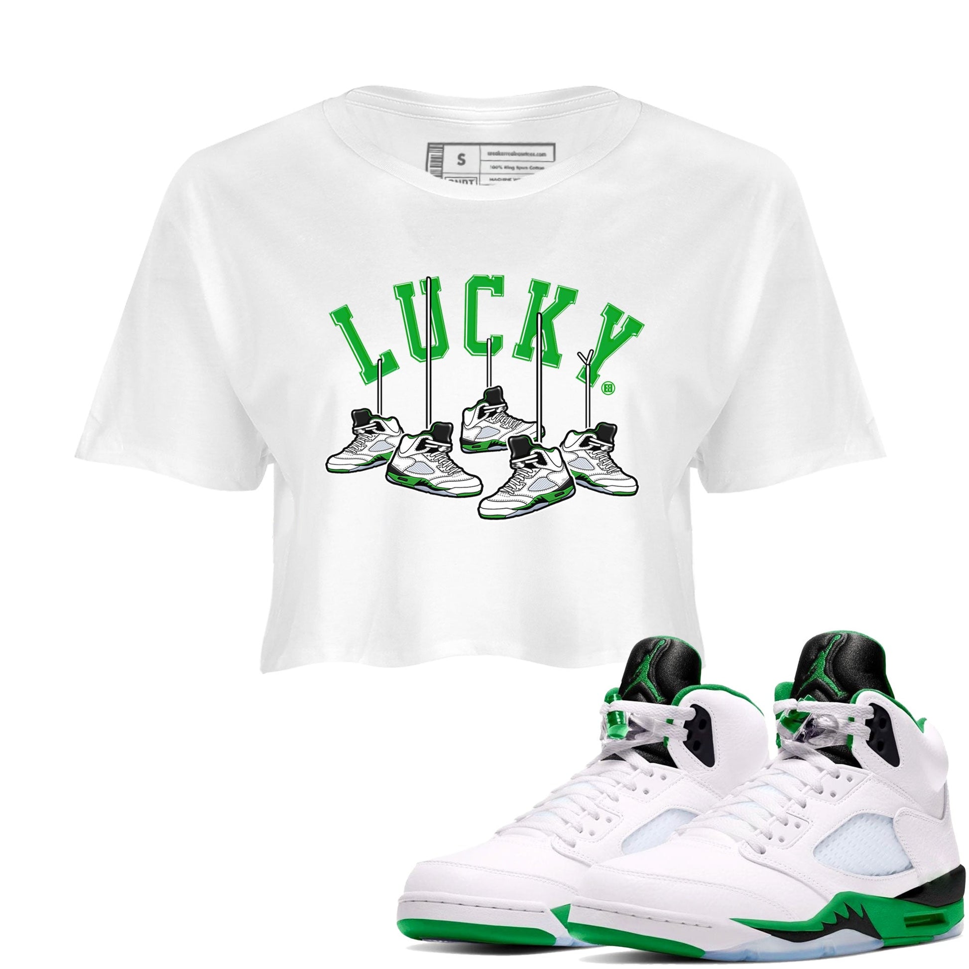 AJ5 Retro Lucky Green shirt to match jordans Hanging Sneakers sneaker tees Air Jordan 5 Retro Lucky Green SNRT Sneaker Tees Casual Crew Neck T-Shirt White 1 Crop T-Shirt