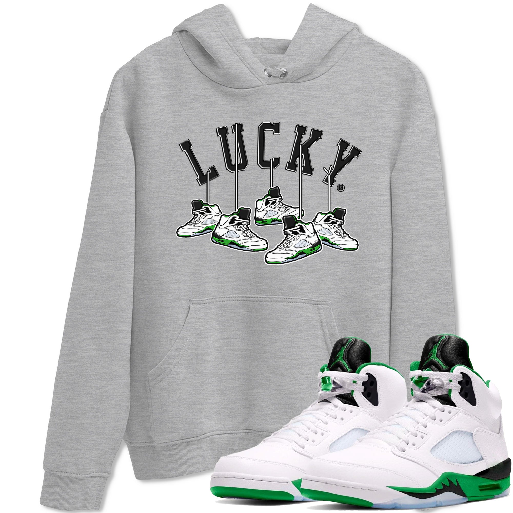 AJ5 Retro Lucky Green shirt to match jordans Hanging Sneakers sneaker tees Air Jordan 5 Retro Lucky Green SNRT Sneaker Tees Casual Crew Neck T-Shirt Unisex Heather Grey 1 T-Shirt