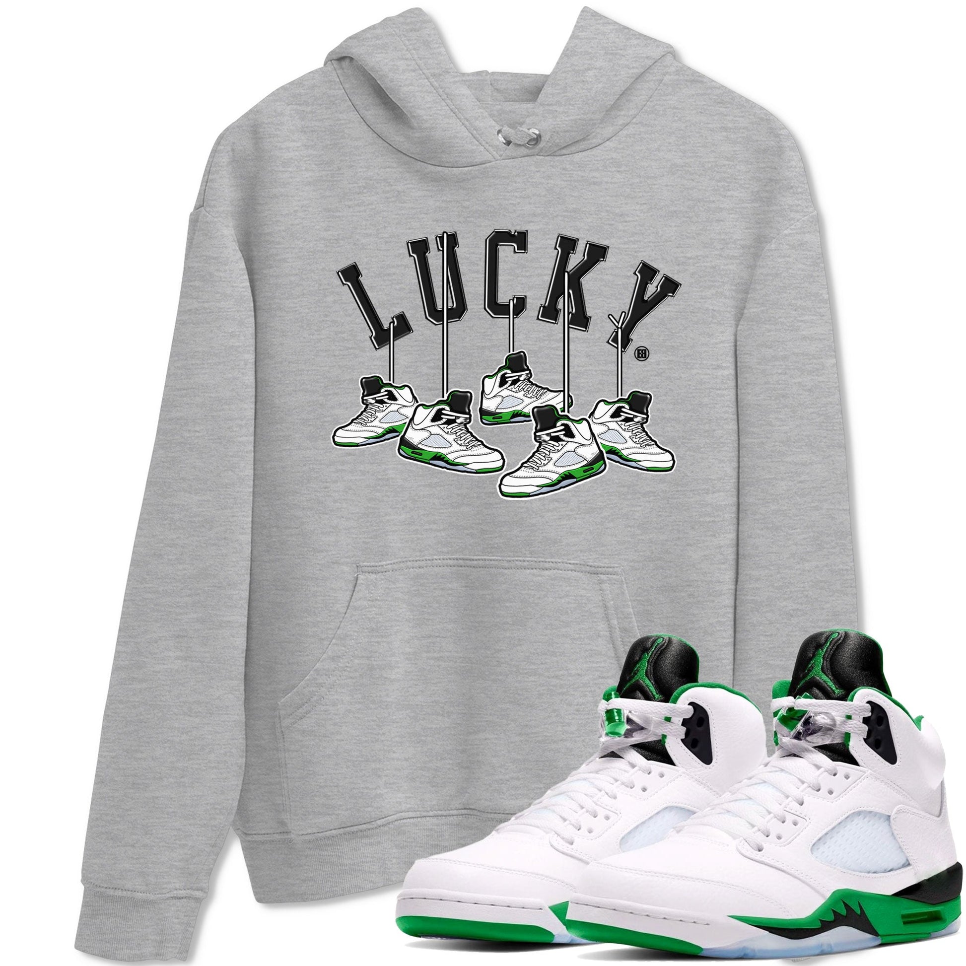 AJ5 Retro Lucky Green shirt to match jordans Hanging Sneakers sneaker tees Air Jordan 5 Retro Lucky Green SNRT Sneaker Tees Casual Crew Neck T-Shirt Unisex Heather Grey 1 T-Shirt