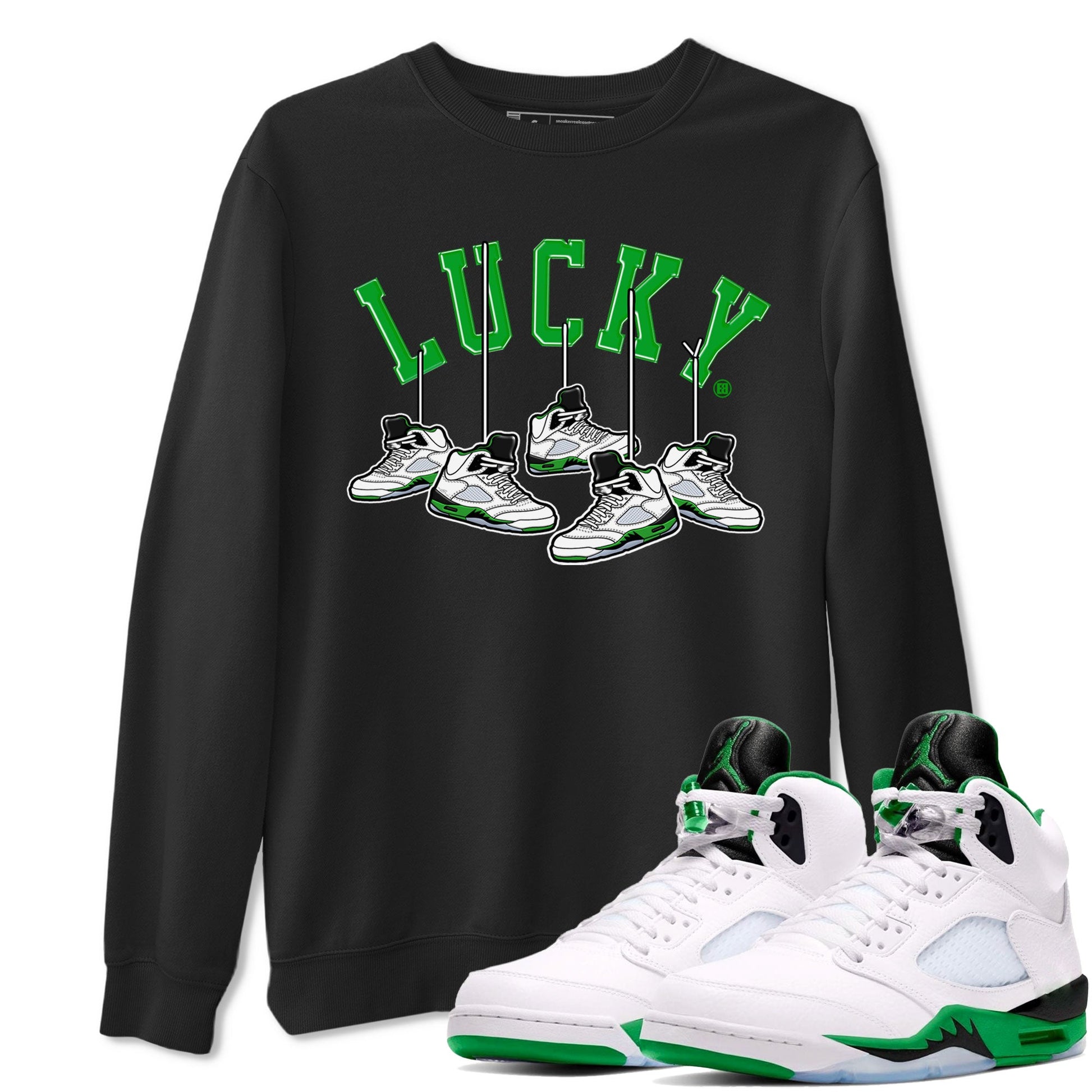 AJ5 Retro Lucky Green shirt to match jordans Hanging Sneakers sneaker tees Air Jordan 5 Retro Lucky Green SNRT Sneaker Tees Casual Crew Neck T-Shirt Unisex Black 1 T-Shirt