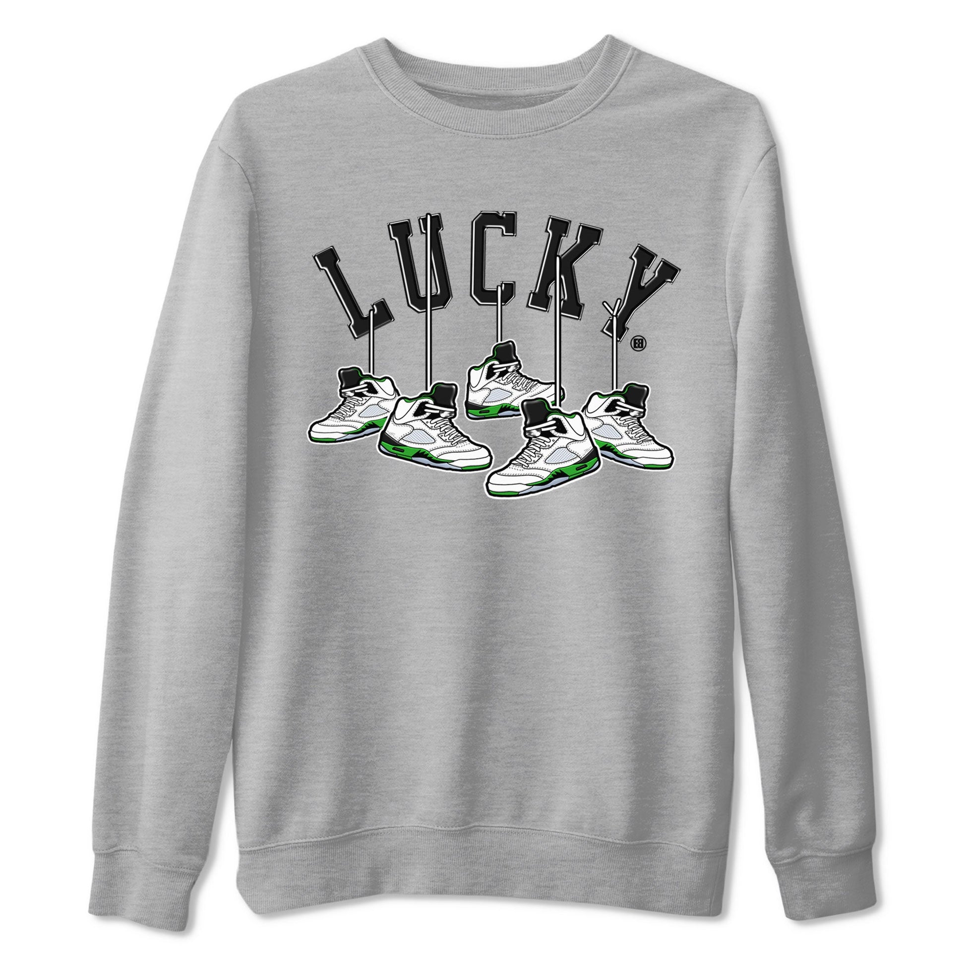 AJ5 Retro Lucky Green shirt to match jordans Hanging Sneakers sneaker tees Air Jordan 5 Retro Lucky Green SNRT Sneaker Tees Casual Crew Neck T-Shirt Unisex Heather Grey 2 T-Shirt