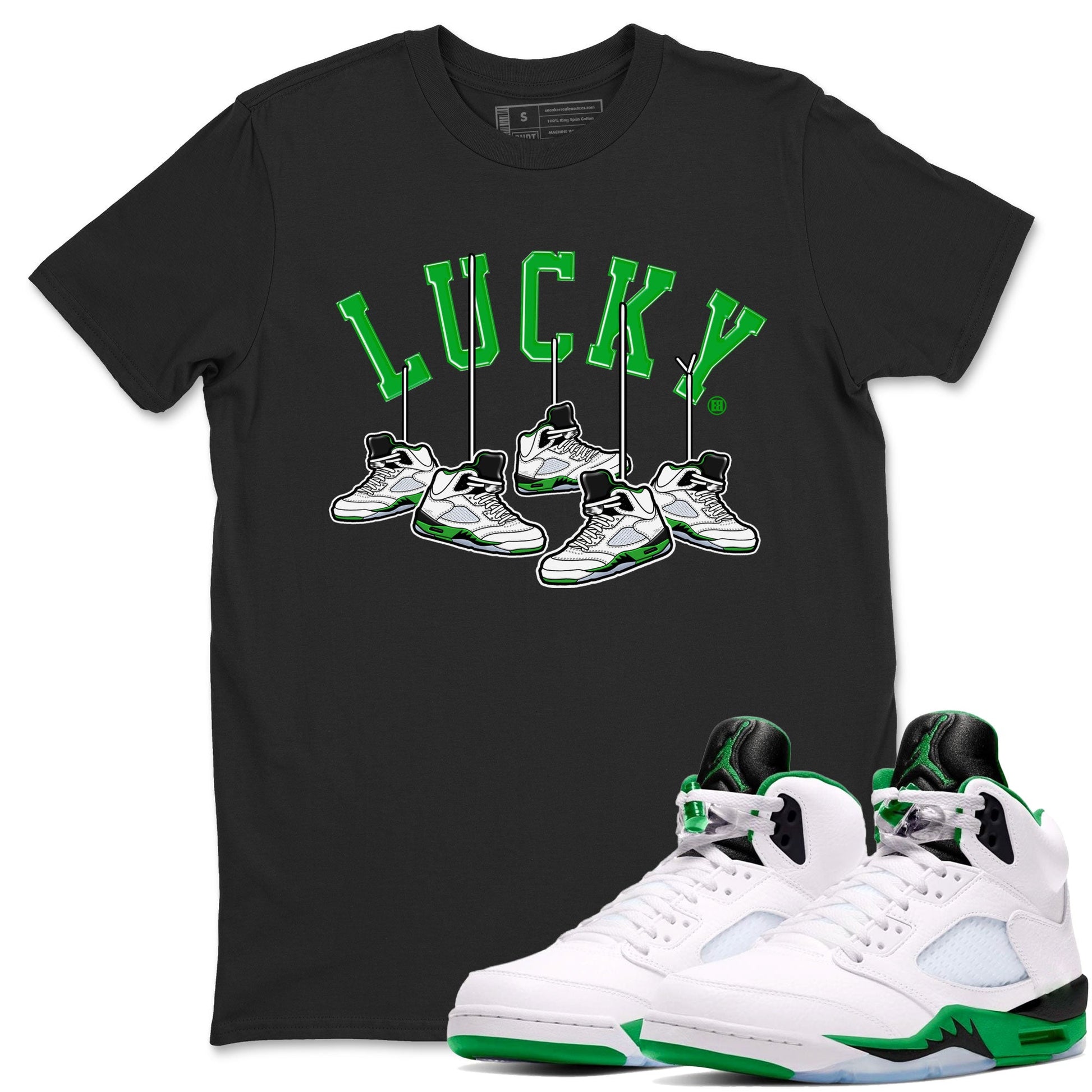 AJ5 Retro Lucky Green shirt to match jordans Hanging Sneakers sneaker tees Air Jordan 5 Retro Lucky Green SNRT Sneaker Tees Casual Crew Neck T-Shirt Unisex Black 1 T-Shirt
