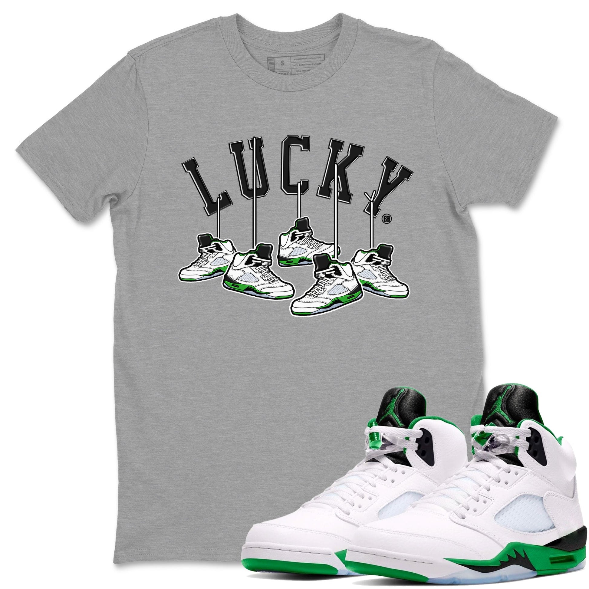 AJ5 Retro Lucky Green shirt to match jordans Hanging Sneakers sneaker tees Air Jordan 5 Retro Lucky Green SNRT Sneaker Tees Casual Crew Neck T-Shirt Unisex Heather Grey 1 T-Shirt