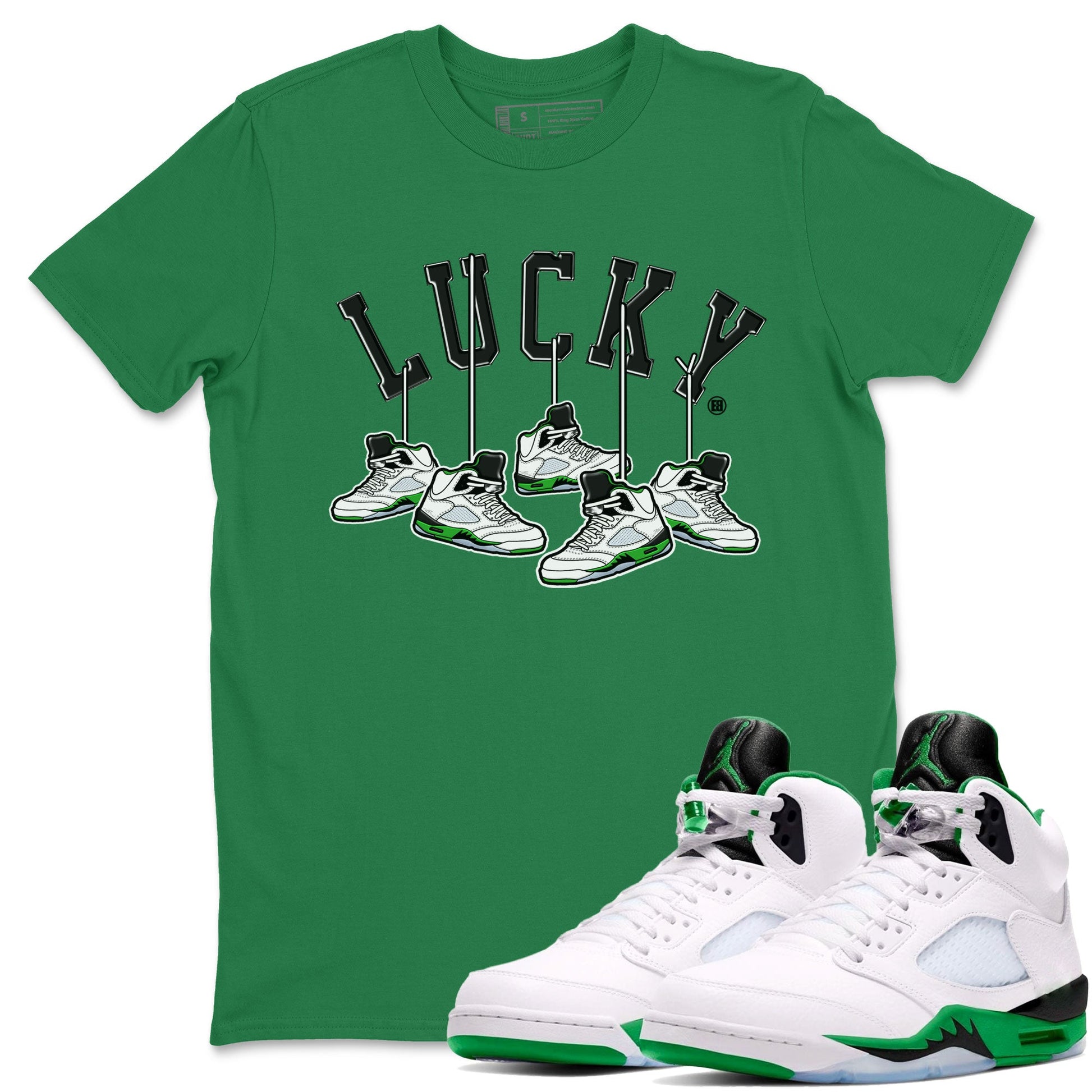 AJ5 Retro Lucky Green shirt to match jordans Hanging Sneakers sneaker tees Air Jordan 5 Retro Lucky Green SNRT Sneaker Tees Casual Crew Neck T-Shirt Unisex Kelly Green 1 T-Shirt