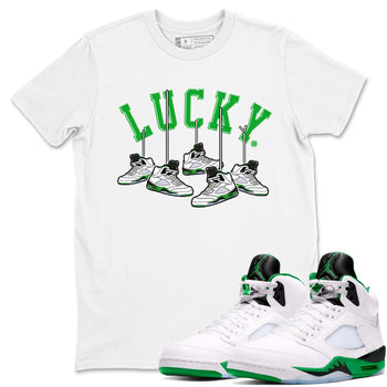 AJ5 Retro Lucky Green shirt to match jordans Hanging Sneakers sneaker tees Air Jordan 5 Retro Lucky Green SNRT Sneaker Tees Casual Crew Neck T-Shirt Unisex White 1 T-Shirt