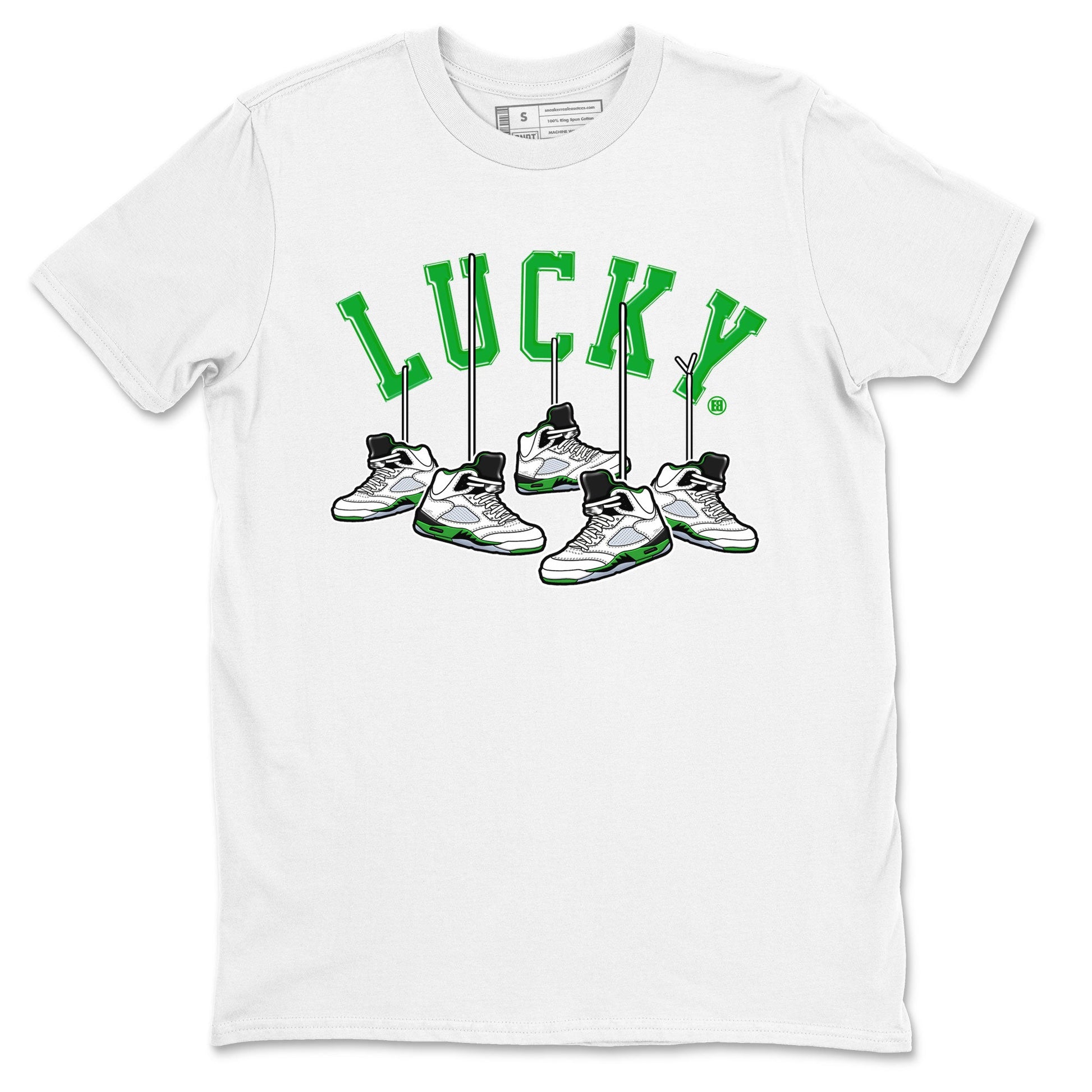 AJ5 Retro Lucky Green shirt to match jordans Hanging Sneakers sneaker tees Air Jordan 5 Retro Lucky Green SNRT Sneaker Tees Casual Crew Neck T-Shirt Unisex White 2 T-Shirt
