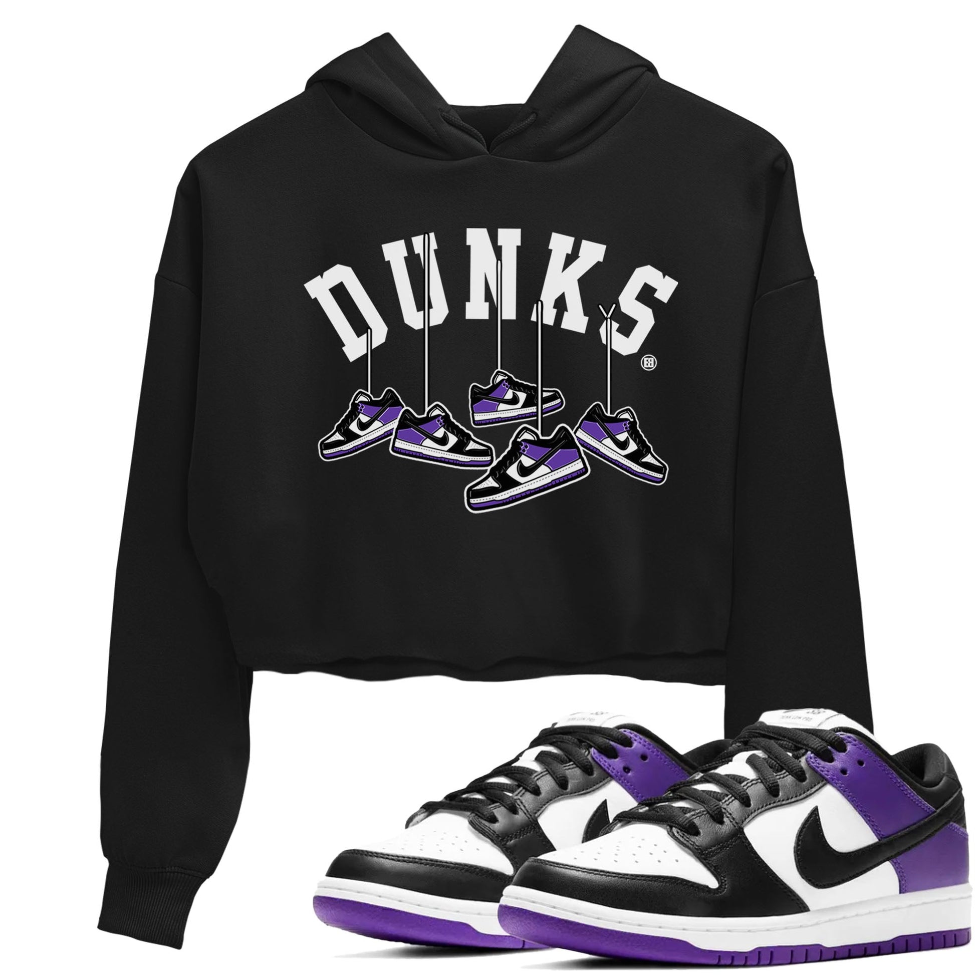 Nike SB Dunk Low Court Purple Shirt To Match Jordans Hanging Sneakers Streetwear Fashion Dunk Low Court Purple SNRT Sneaker Release Tees Black 1 Women's Crop Tee