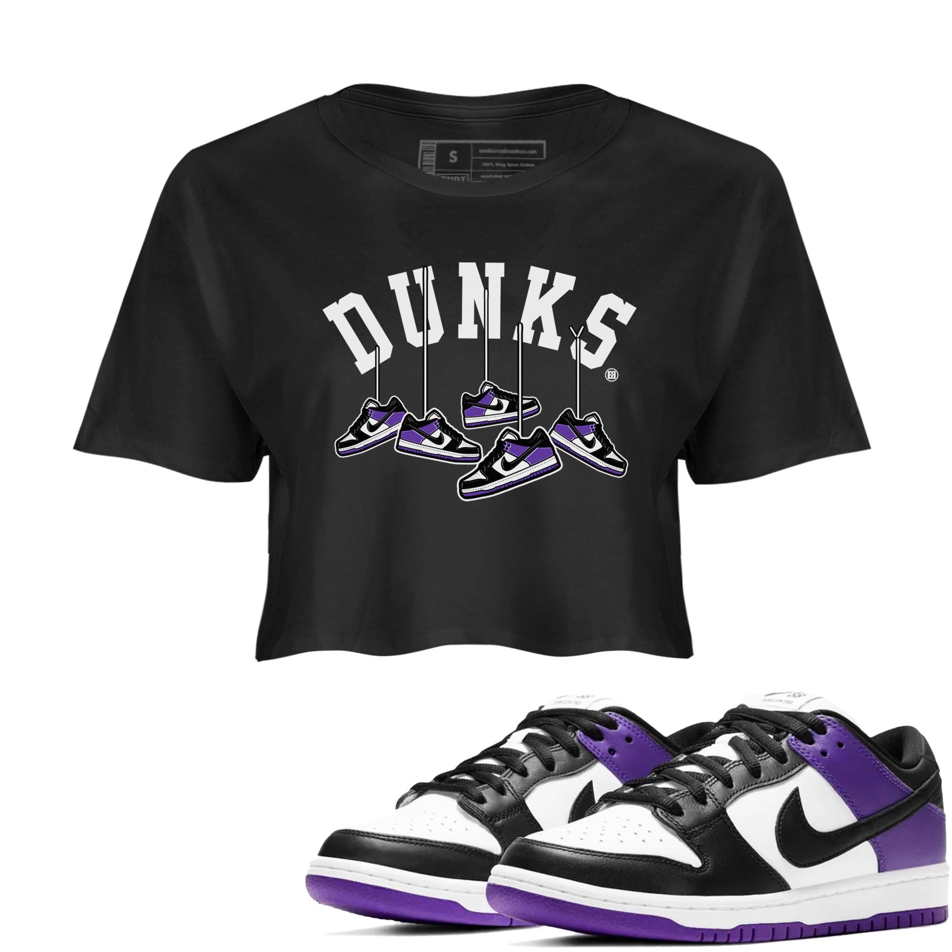 Nike SB Dunk Low Court Purple Shirt To Match Jordans Hanging Sneakers Streetwear Fashion Dunk Low Court Purple SNRT Sneaker Release Tees Black 1 Women's Crop Tee