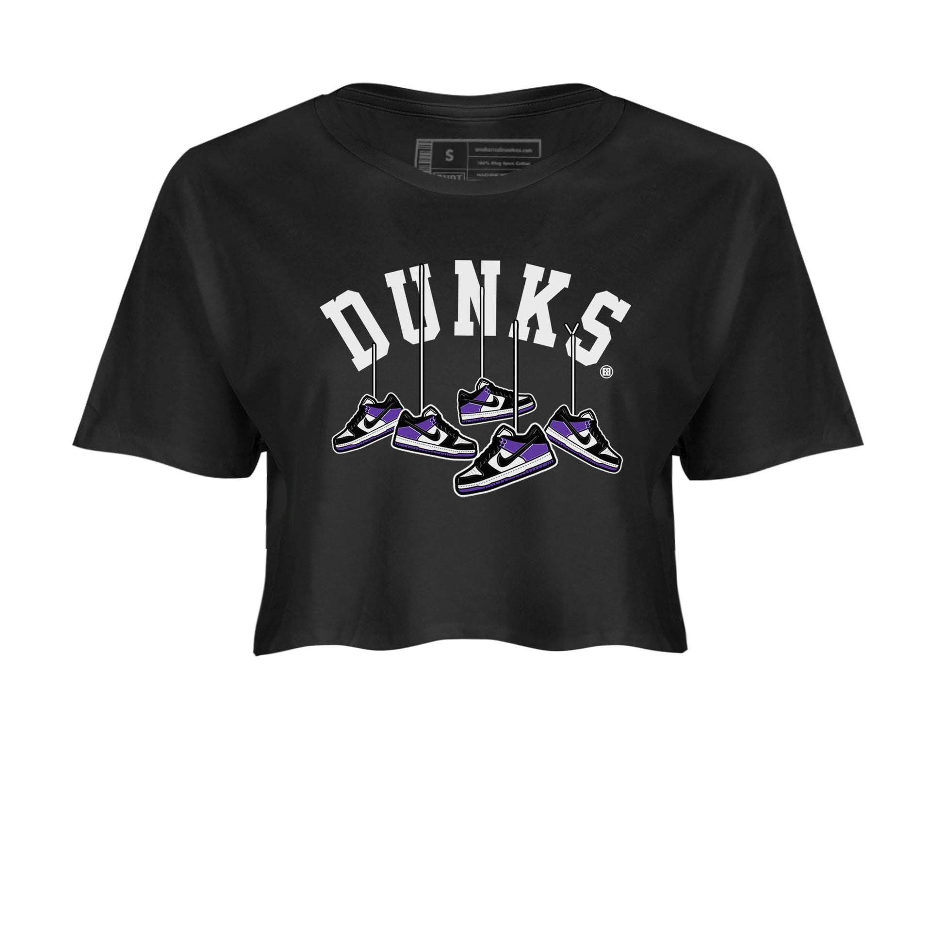 Nike SB Dunk Low Court Purple Shirt To Match Jordans Hanging Sneakers Streetwear Fashion Dunk Low Court Purple SNRT Sneaker Release Tees Black 2 Women's Crop Tee