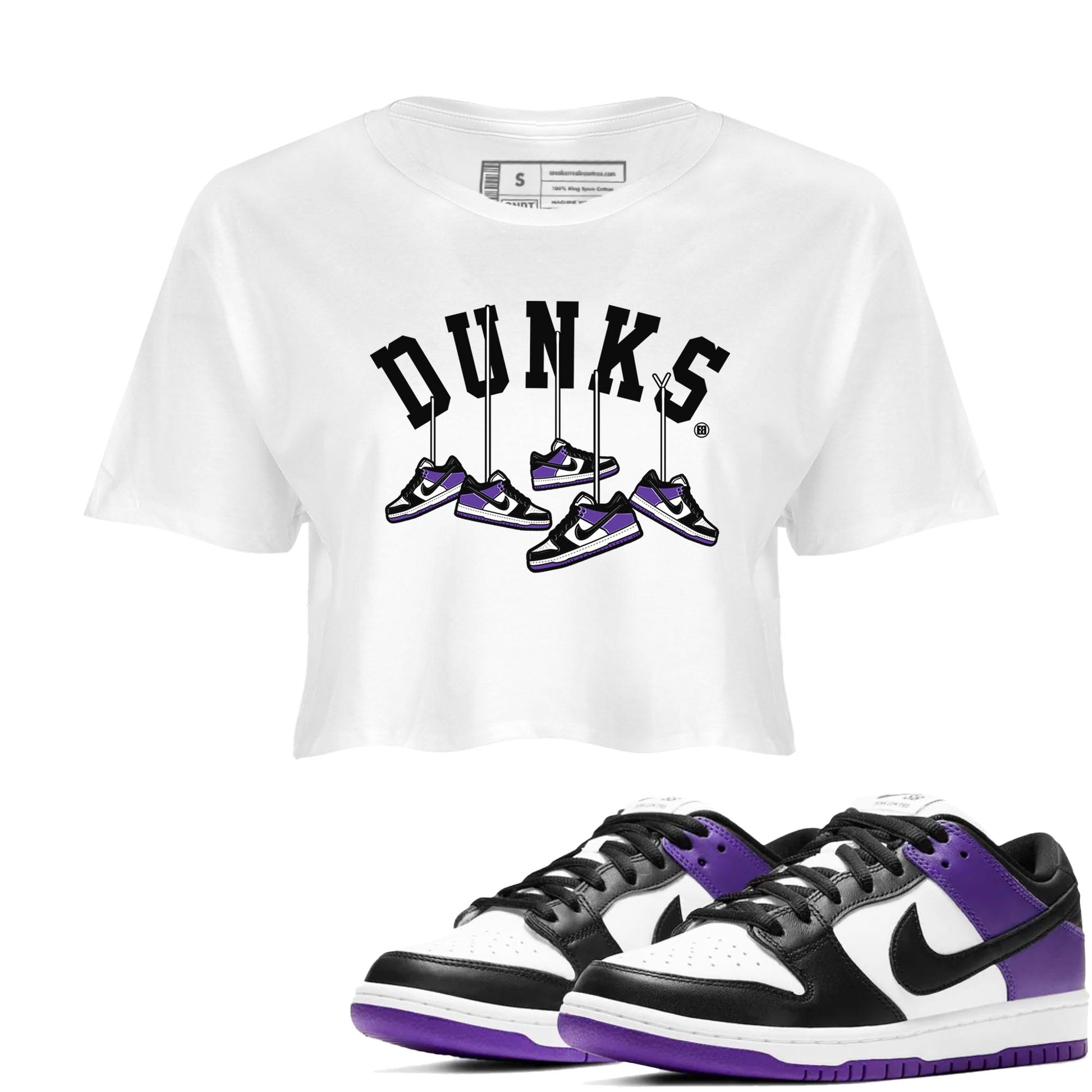 Nike SB Dunk Low Court Purple Shirt To Match Jordans Hanging Sneakers Streetwear Fashion Dunk Low Court Purple SNRT Sneaker Release Tees White 1 Women's Crop Tee