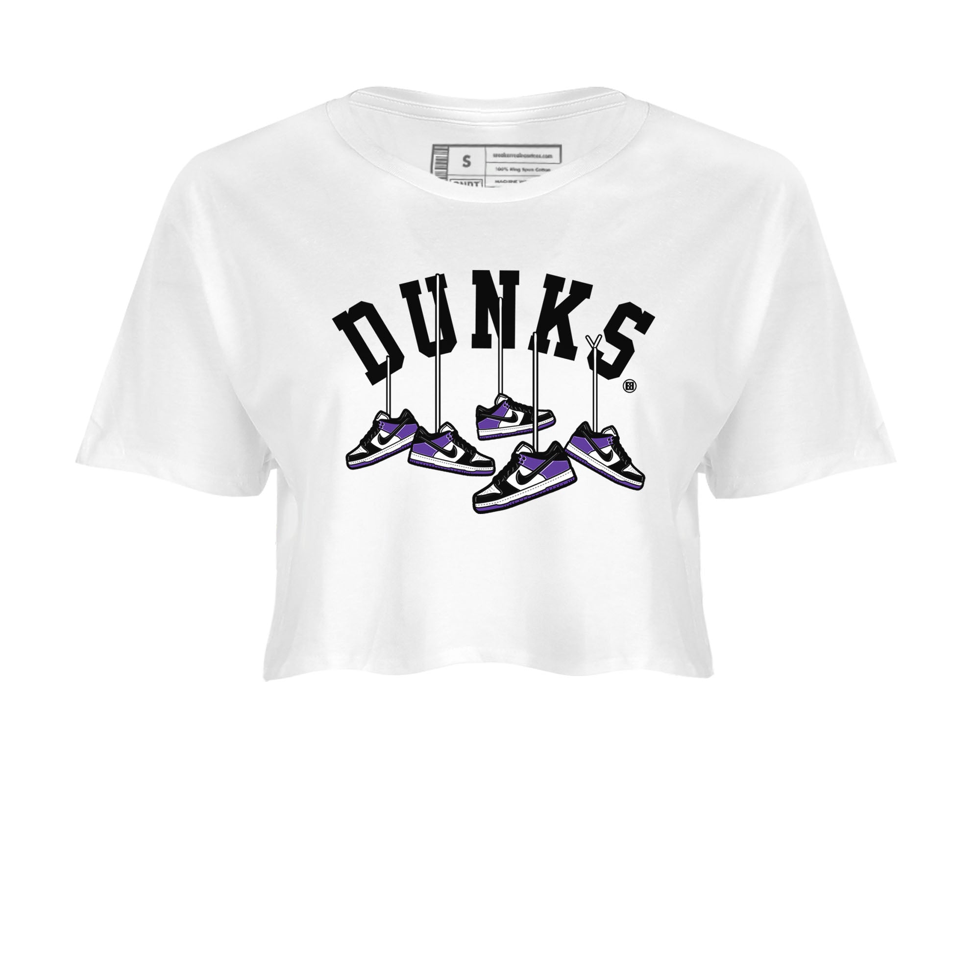 Nike SB Dunk Low Court Purple Shirt To Match Jordans Hanging Sneakers Streetwear Fashion Dunk Low Court Purple SNRT Sneaker Release Tees White 2 Women's Crop Tee