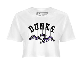 Nike SB Dunk Low Court Purple Shirt To Match Jordans Hanging Sneakers Streetwear Fashion Dunk Low Court Purple SNRT Sneaker Release Tees White 2 Women's Crop Tee
