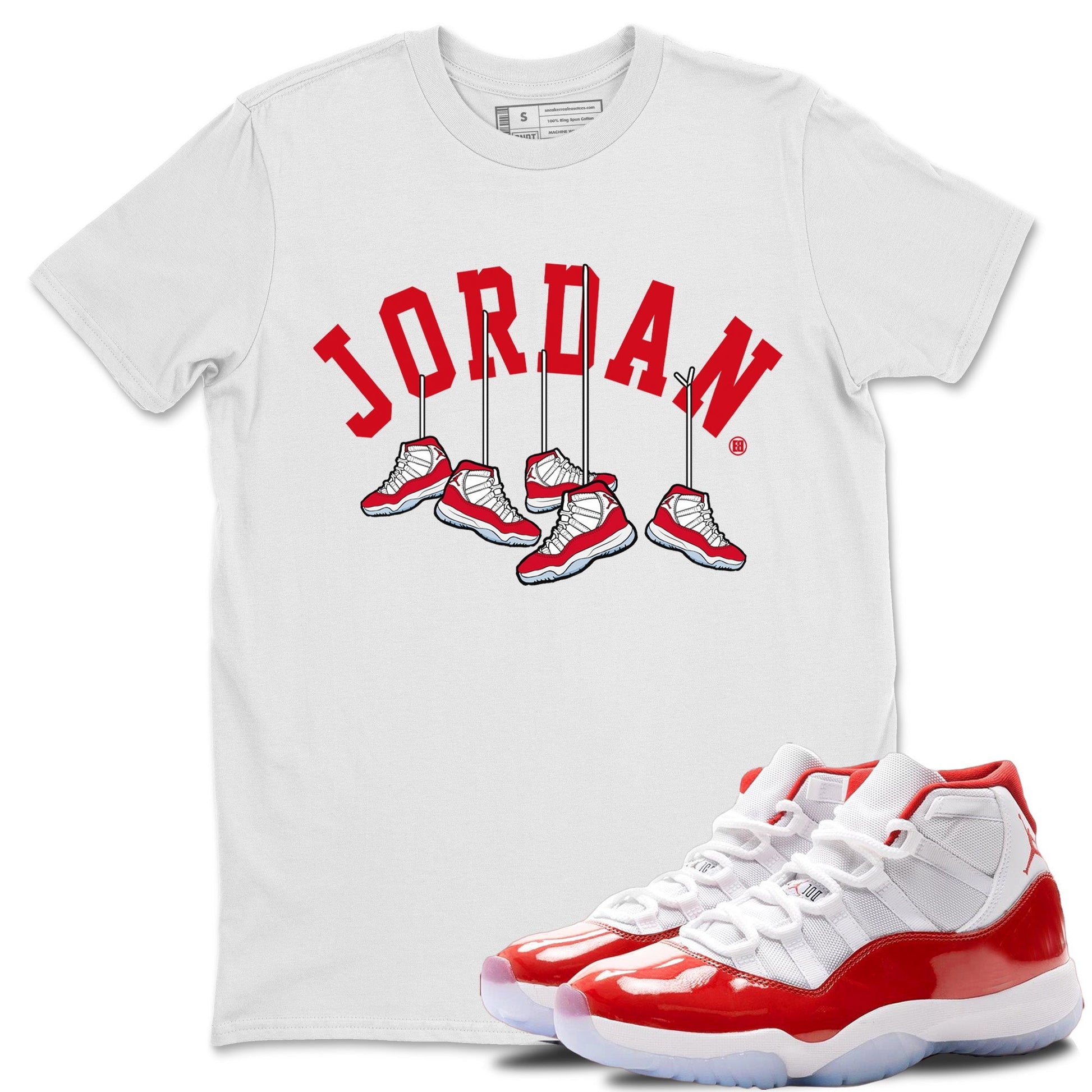 Jordan 11 Cherry Sneaker Match Tees Hanging Sneakers Sneaker Tees Jordan 11 Cherry Sneaker Release Tees Unisex Shirts