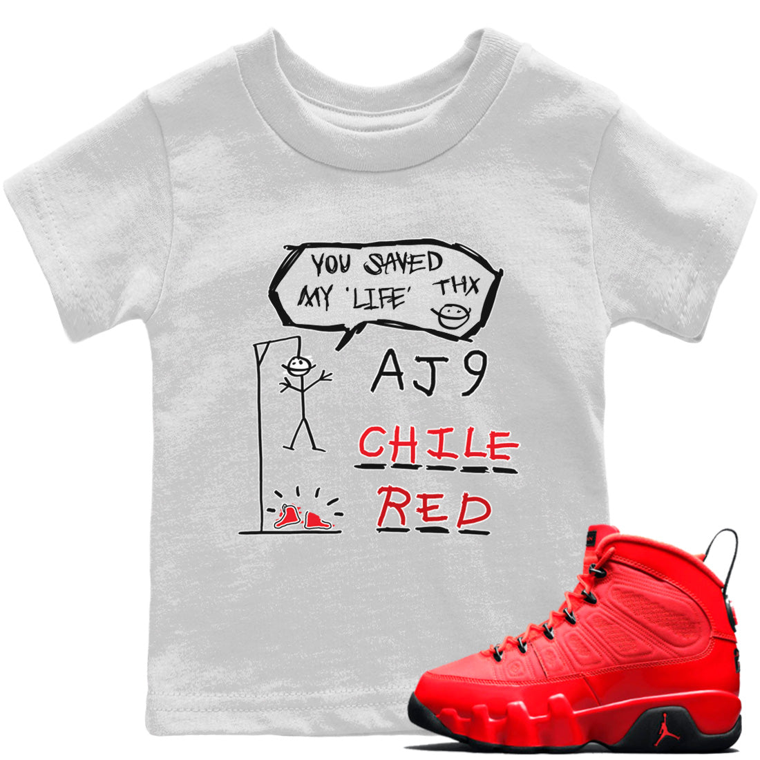 Jordan 9 Chile Red Sneaker Match Tees Hangman Sneaker Tees Jordan 9 Chile Red Sneaker Release Tees Kids Shirts