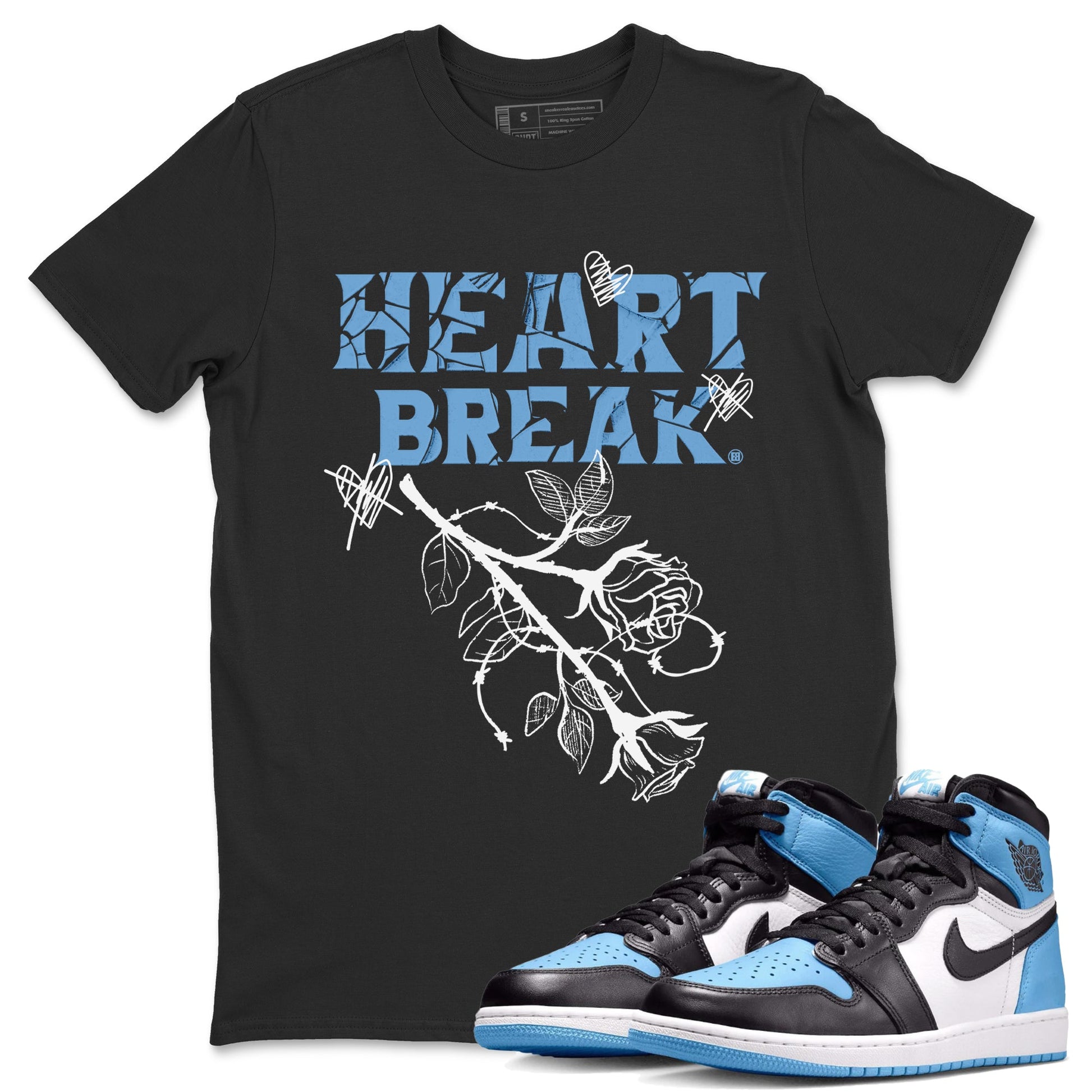 Air Jordan 1 Retro High OG UNC Toe Shirt to match Jordans Heart Break Sneaker Tees UNC Toe 1s Tees Crew Neck T-Shirts Black 1