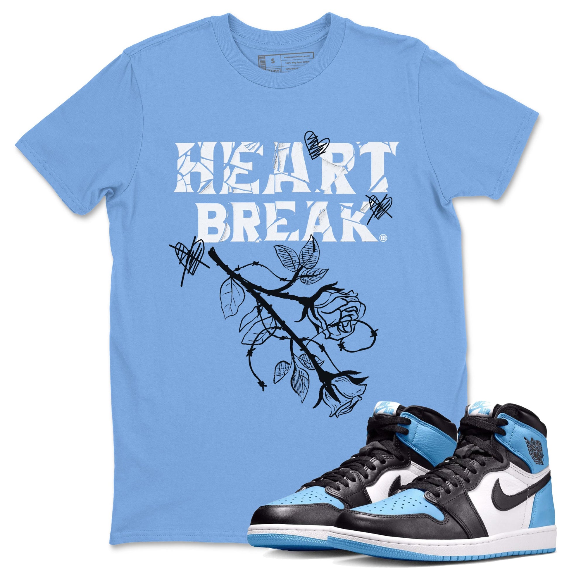 Air Jordan 1 Retro High OG UNC Toe Shirt to match Jordans Heart Break Sneaker Tees UNC Toe 1s Tees Crew Neck T-Shirts Carolina Blue 1