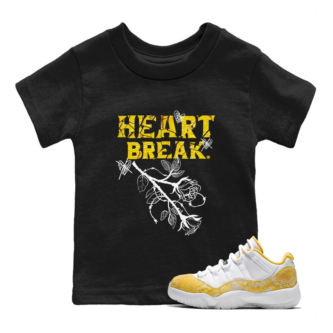 Air Jordan 11 Yellow Python Sneaker Match Tees Heart Break Sneaker Tees Snakeskin 11s Sneaker Tees Kids Shirts Black 1