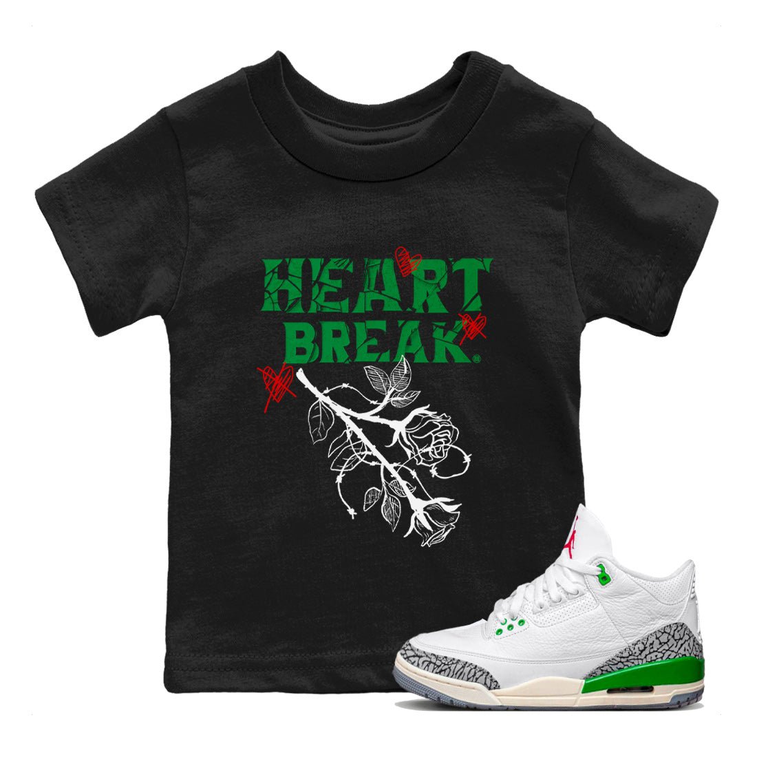Air Jordan 3 Lucky Green Sneaker Match Tees Heart Break Sneaker Tees 3s Lucky Green Tees Kids Shirts Black 1