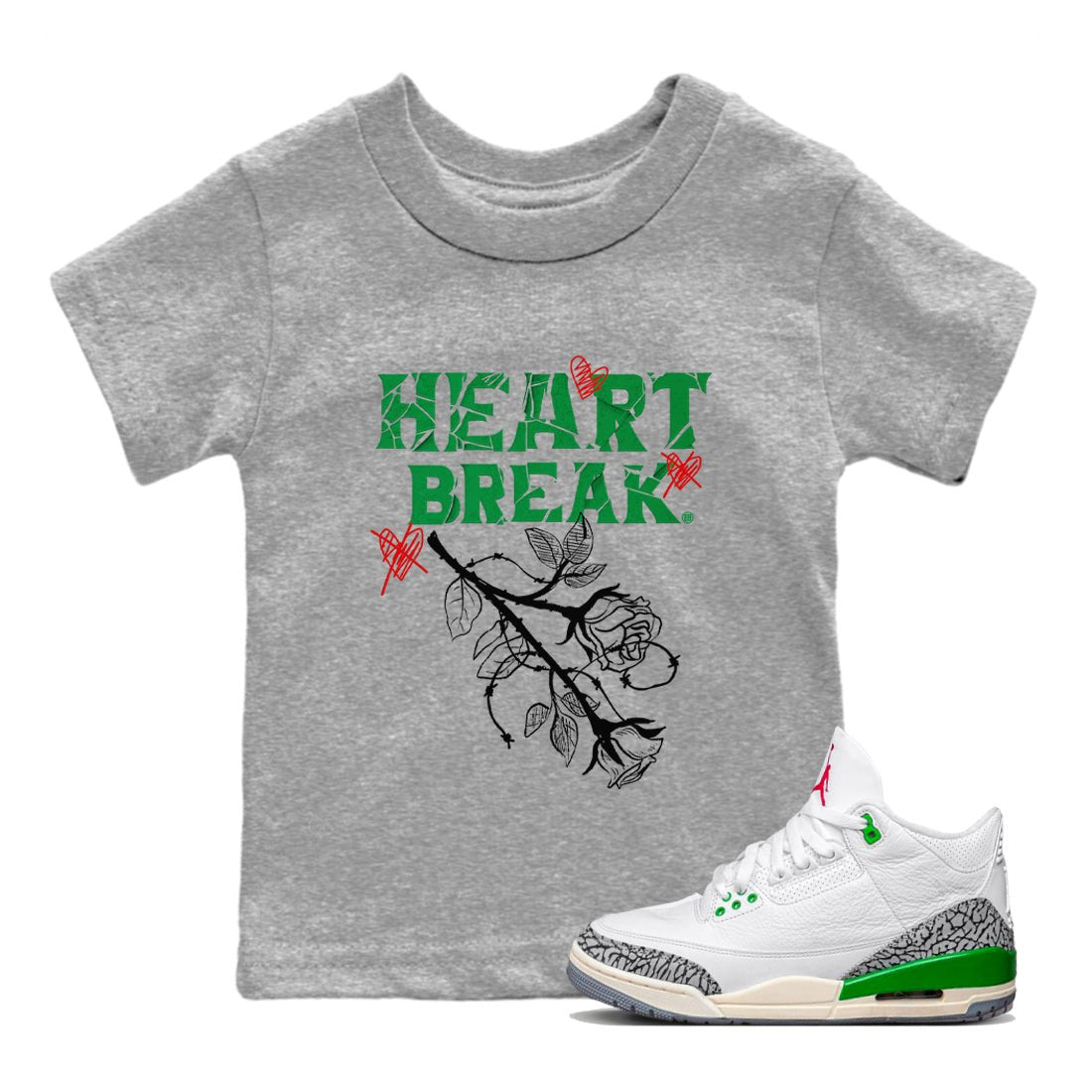 Air Jordan 3 Lucky Green Sneaker Match Tees Heart Break Sneaker Tees 3s Lucky Green Tees Kids Shirts Heather Grey 1