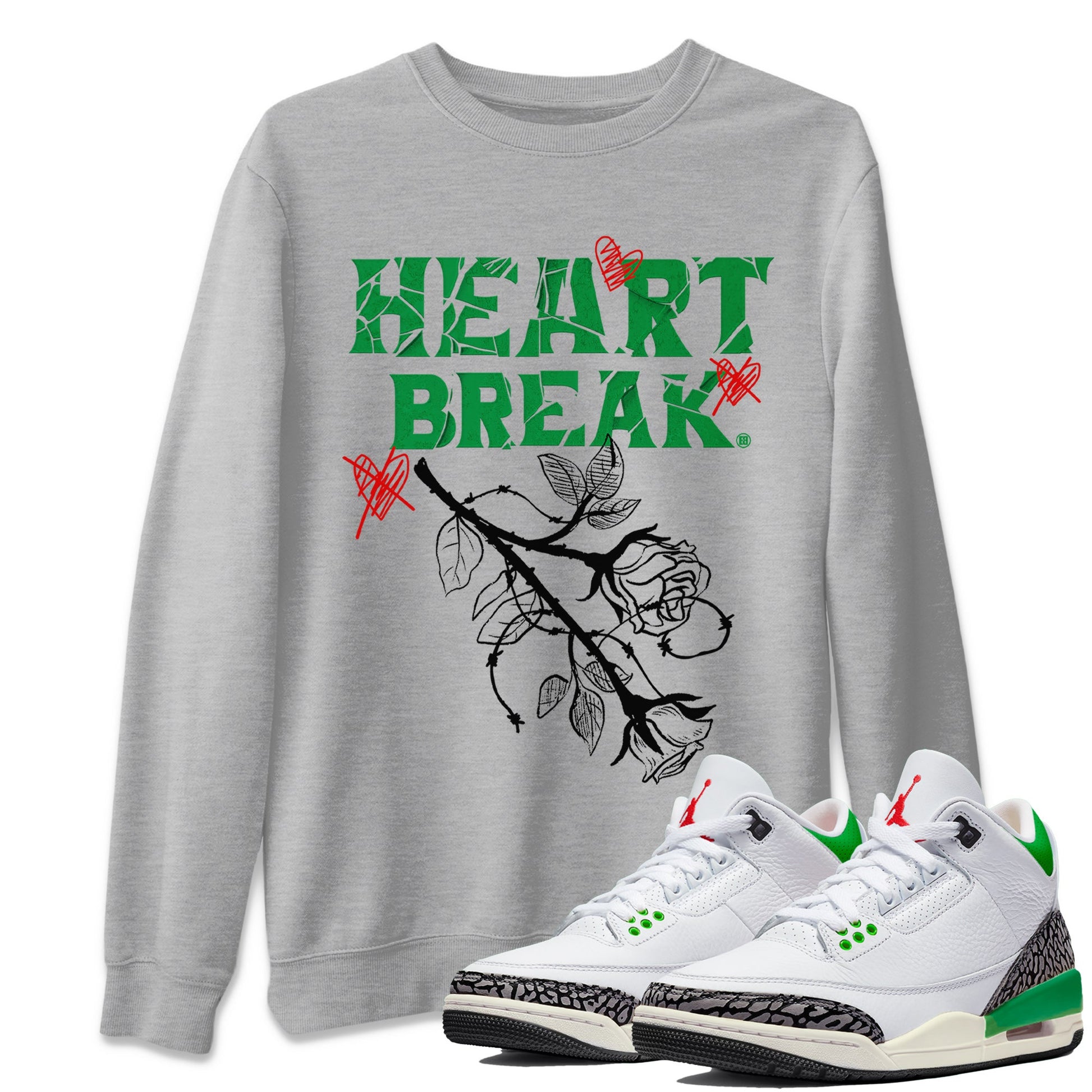 Air Jordan 3 Lucky Green Sneaker Match Tees Heart Break Sneaker Tees 3s Lucky Green Tees Unisex Shirts Heather Grey 1