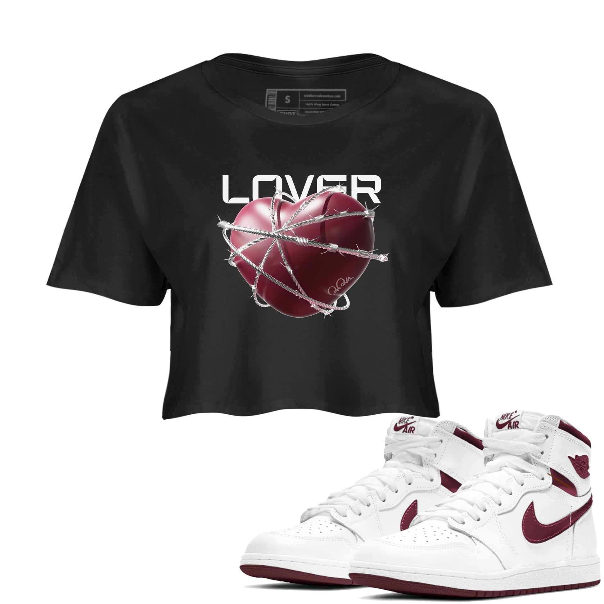 Air Jordan 1 Metallic Burgundy shirt to match jordans Heart Lover sneaker tees AJ1 Metallic Burgundy SNRT Sneaker Release Tees Black 1 Crop T-Shirt
