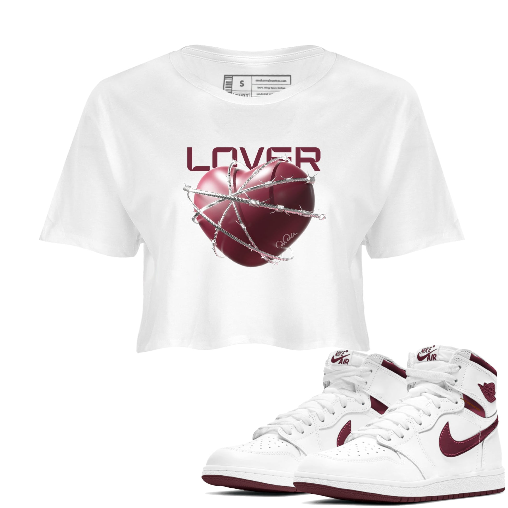 Air Jordan 1 Metallic Burgundy shirt to match jordans Heart Lover sneaker tees AJ1 Metallic Burgundy SNRT Sneaker Release Tees White 1 Crop T-Shirt
